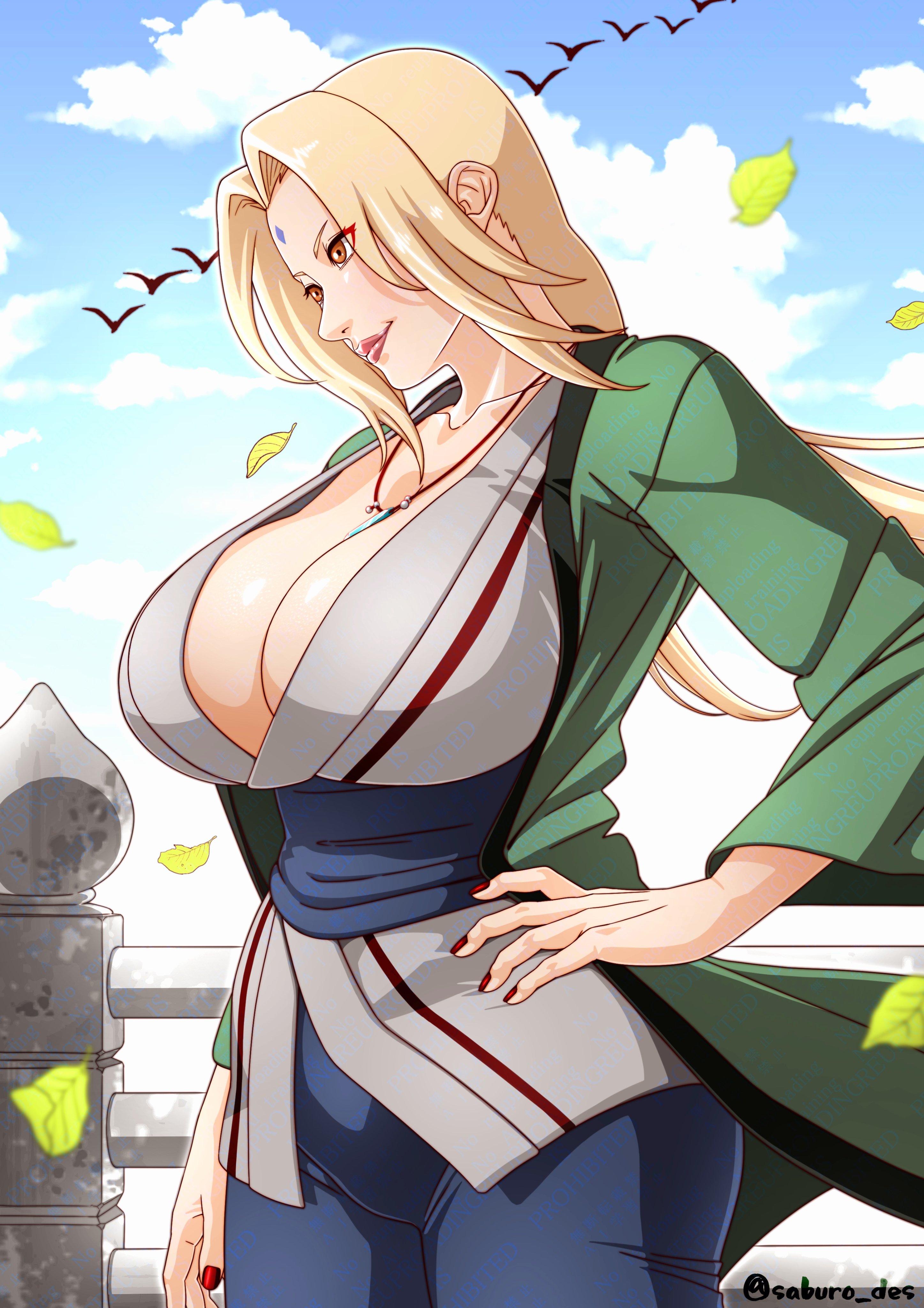 1girls, bbw, big breasts, blonde hair, boobs, boruto: naruto next generations, breast focus, breasts, brown eyes, busty, cleavage, clothed, clothing, color, female, female focus, female only, forehead jewel, forehead mark, fully clothed, hair, hair ribbon, hand on hip, hi res, high resolution, highres, huge breasts, inner sideboob, jewelry, kimono, large breasts, light skin, light-skinned female, lips, lipstick, looking at viewer, loose clothes, makeup, mature, mature female, milf, naruto, naruto (classic), naruto (series), naruto shippuden, naruto: the last, necklace, neckwear, oppai, pale skin, pale-skinned female, pigtails, pink lips, pink lipstick, pinup, presenting breasts, ribbon, robe, saburo des, sexually suggestive, shounen jump, shueisha, skimpy, skimpy clothes, smile, smiling, smiling at viewer, solo, solo female, solo focus, tied hair, tsunade, upper body, very high resolution, voluptuous, voluptuous female, weekly shonen jump, yukata