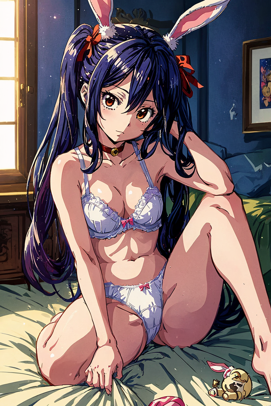 1girls, ai generated, blue hair, blush, breasts, brown eyes, fairy tail, female, female only, pussy, smile, solo, wendy marvell