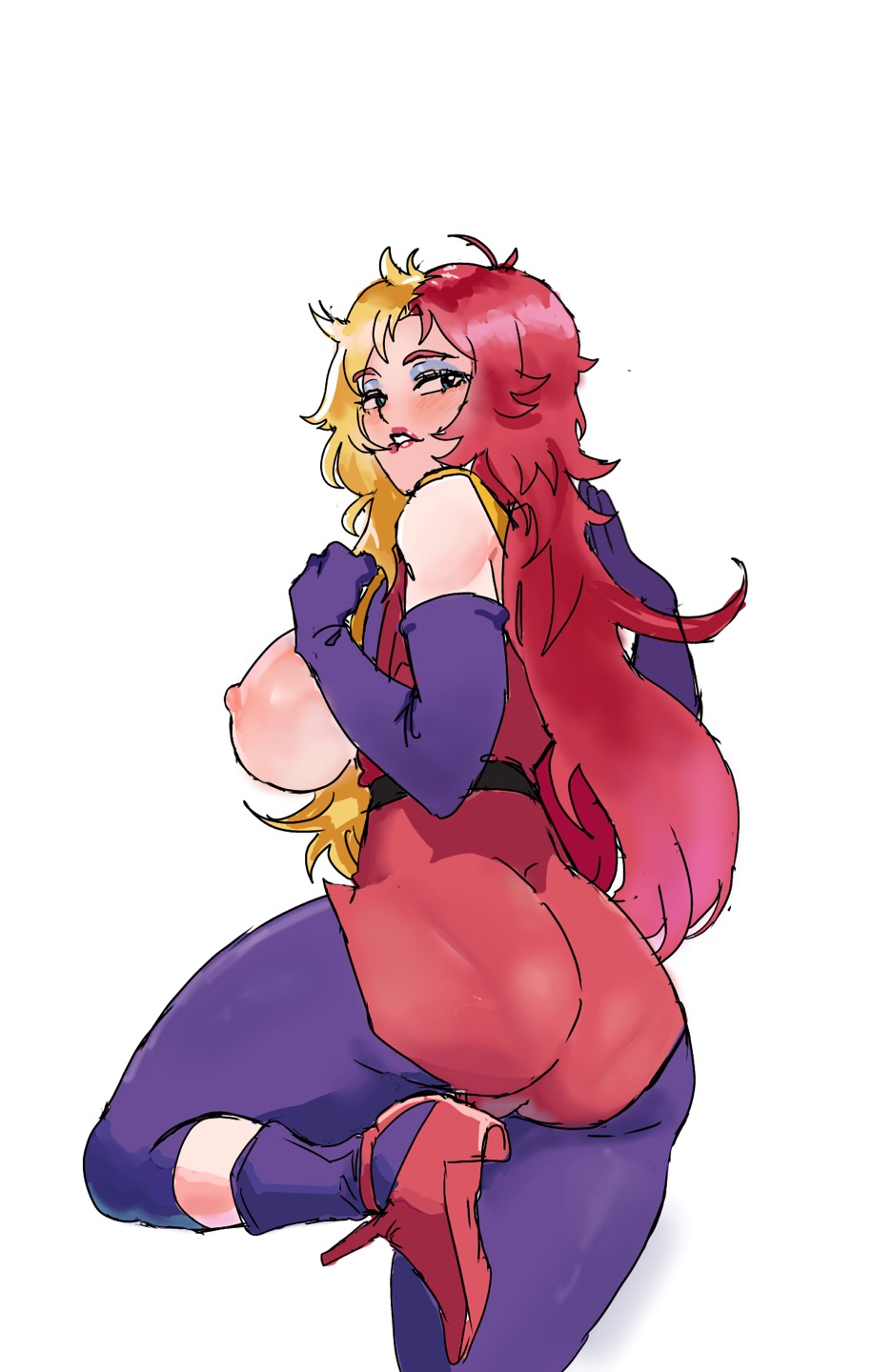 biting_lip blonde_hair breasts breasts_out chara_soon commission commissioner_upload exposed_breasts gialu gundam gundam_zz heels high_heels leg_up legwear lipstick mascara open_clothes open_clothing red_hair thiccwithaq tights traced traced_art villainess zeon