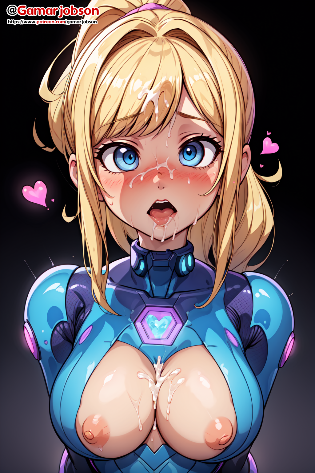 ai_generated blonde_hair blue_eyes blush breasts_out cum cum_on_breasts cum_on_face gamarjobson heart hypnosis metroid mind_break mind_control nintendo nipples open_mouth samus_aran zero_suit_samus