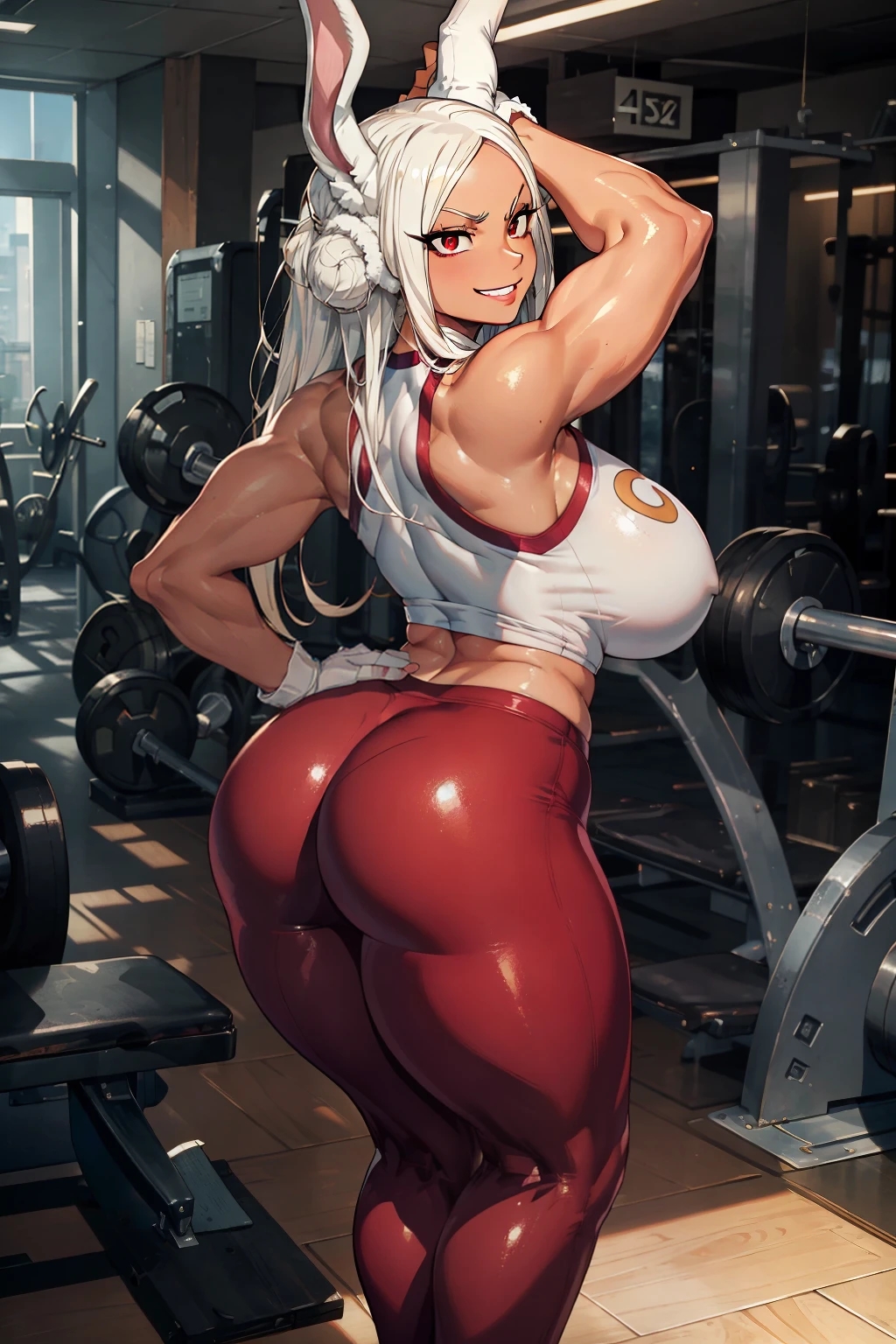 1girls, ai generated, arm up, ass, athletic, athletic female, big ass, big breasts, boku no hero academia, breasts, brown skin, brown skinned female, curvy female, eyes, female, female only, fit, fit female, gym, gym clothes, gym uniform, huge ass, huge breasts, looking at viewer, looking back, miruko, my hero academia, rabbit female, rabbit humanoid, rumi usagiyama, showing ass, showing off, standing, thick, thick ass, thick thighs, voluptuous, voluptuous female, weights, white hair