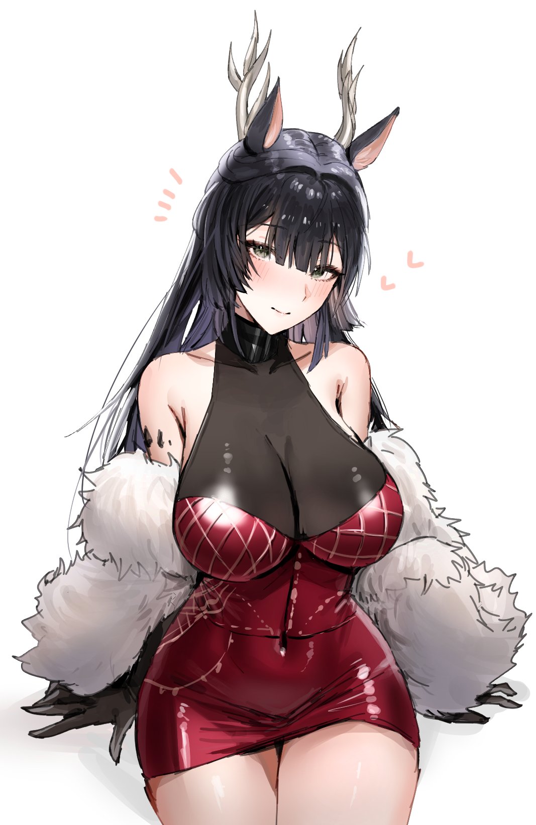 1girls, antlers, arknights, bare shoulders, big breasts, big thighs, blush, breasts, busty, cleavage, closed mouth, closed smile, clothed, clothed female, collarbone, curvaceous, curvy, cute, deer antlers, deer ears, deer girl, enormous thighs, female, female only, gloves, green eyes, hair between eyes, heart, hime cut, hips, horn/wood, huge breasts, huge thighs, large breasts, large thighs, light skin, light-skinned female, long hair, massive breasts, massive thighs, oripathy lesion (arknights), posing, seductive, seductive gaze, seductive look, seductive pose, shiny breasts, shiny clothes, shiny skin, simple background, sitting, smile, solo, solo female, thick thighs, thighs, tsukinogi (arknights), voluptuous, waist, wasp waist, white background, wide hips, wide thighs