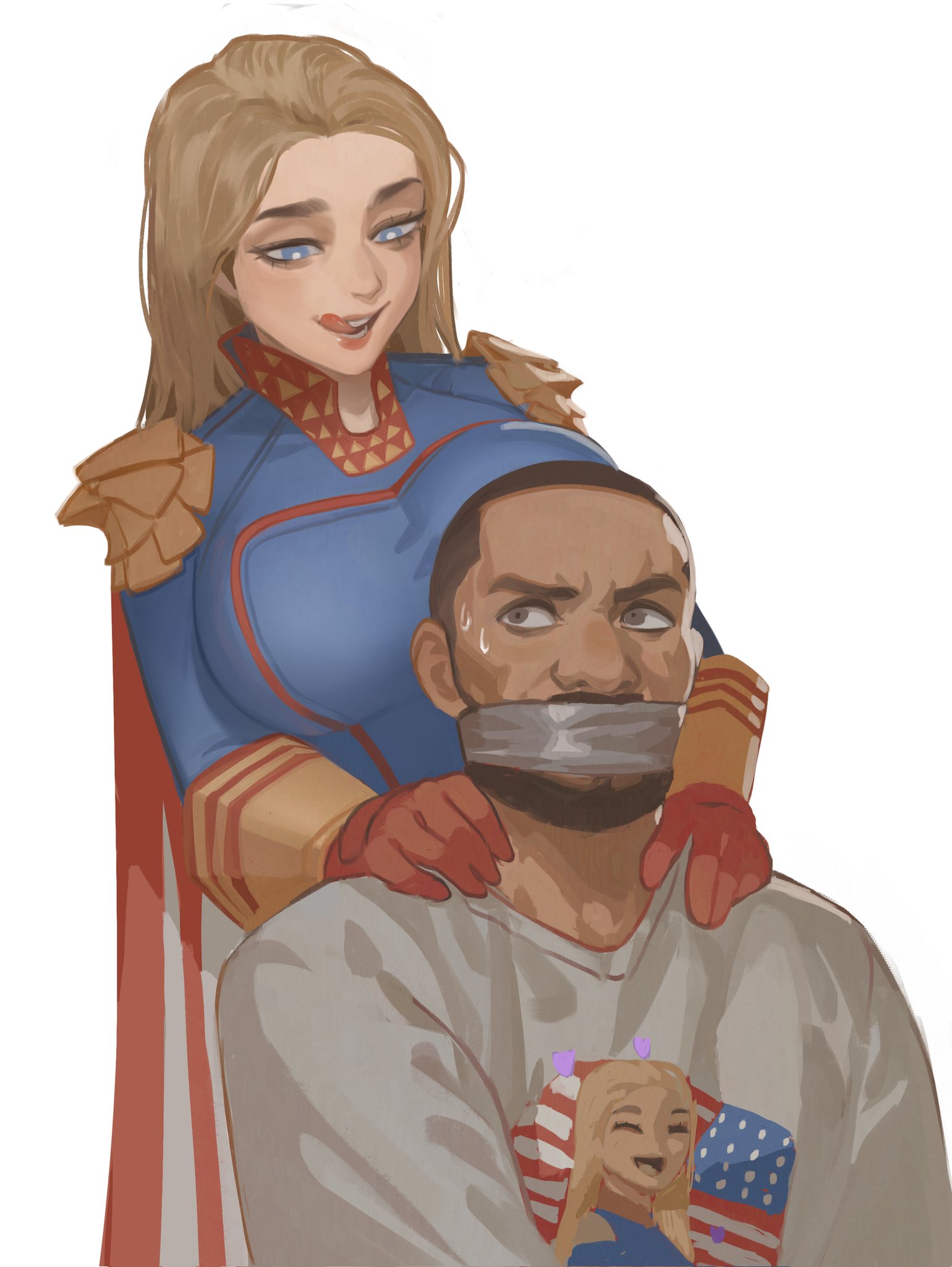 1boy, 1girls, big breasts, blonde hair, blue eyes, breasts, canonical scene, chair, clothed, clothed female, clothed male, clothing, color, dark skin, dark-skinned male, dark-skinned sub, dominant female, duct tape, duct tape gag, female, female focus, femdom, femlander, fully clothed, genderswap, genderswap (mtf), hetero, homelander, human, licking lips, light skin, light-skinned female, light-skinned top, long hair, looking at partner, male, malesub, open eyes, open mouth, open smile, rule 63, scene reference, simple background, smile, standing, straight, submissive male, the boys, twitter link, white background, xia finger
