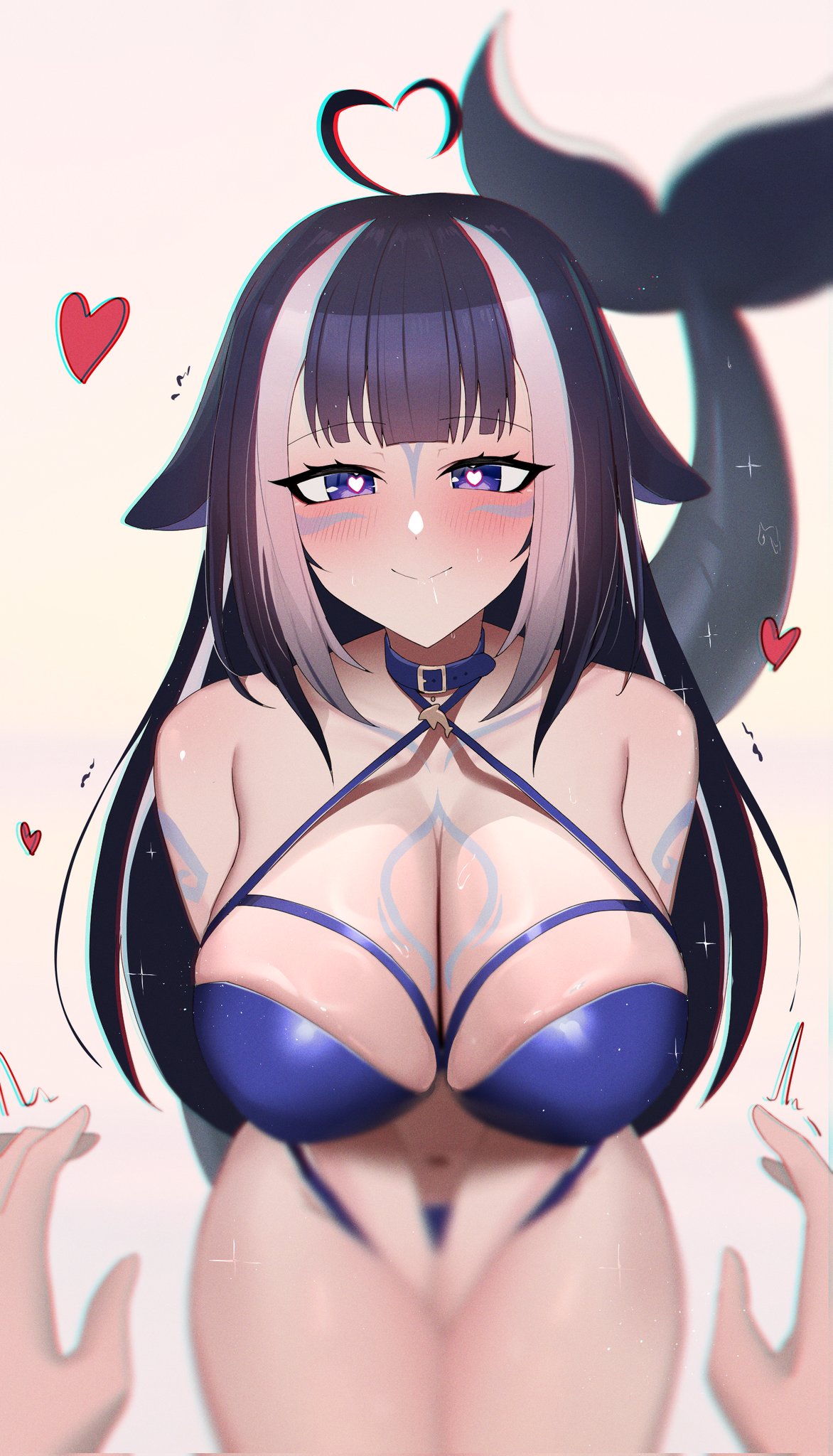 1girls bikini blue_hair body_markings breasts female indie_virtual_youtuber kotodekun large_breasts leaning_forward light-skinned_female light_skin long_hair naughty_face purple_eyes shylily smile virtual_youtuber