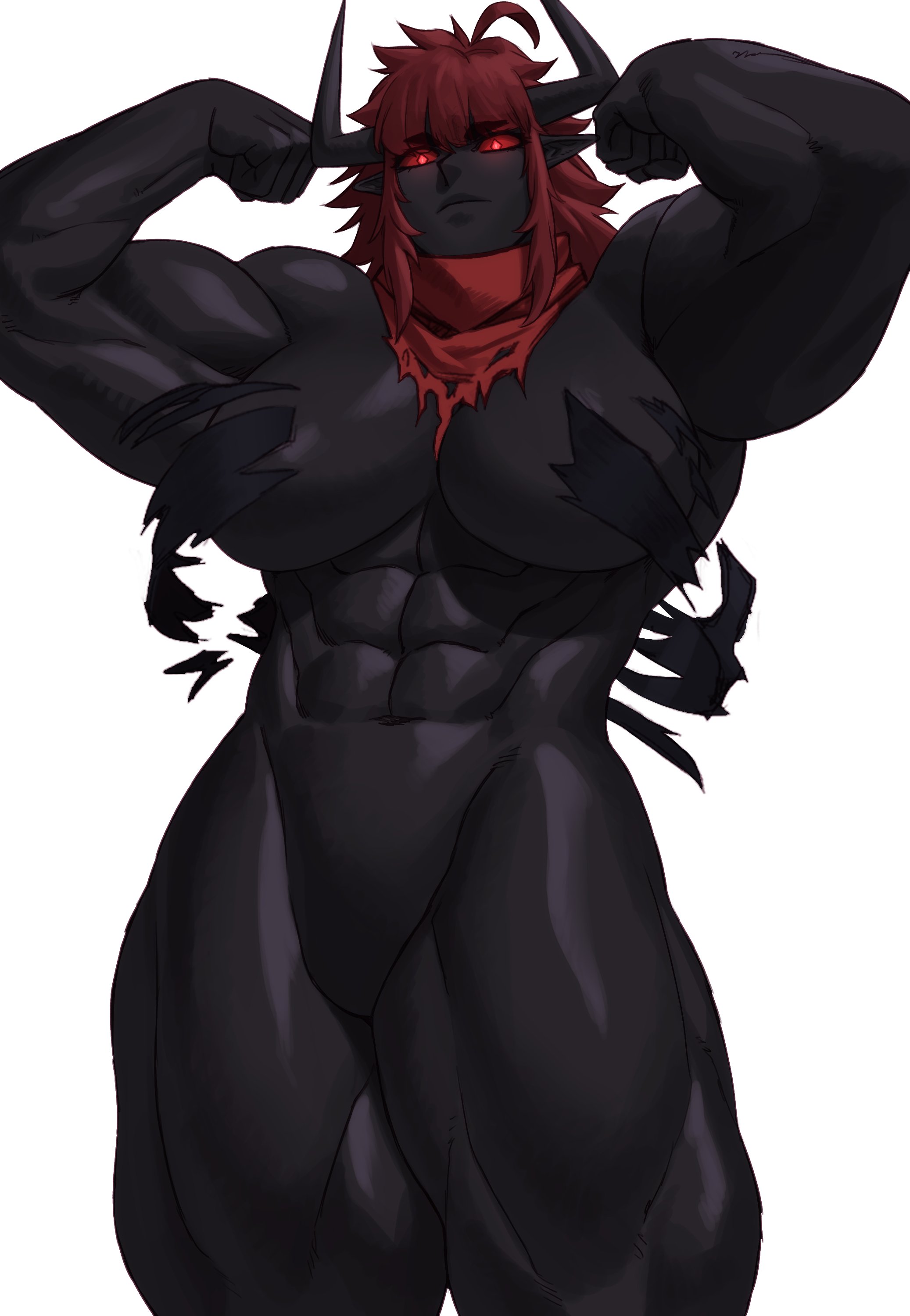 1girls, abs, athletic, athletic female, bandana, big breasts, black body, breasts, female, female only, flexing, flexing bicep, horns, looking at viewer, muscles, muscular, muscular female, muscular thighs, pointy ears, red eyes, red hair, solo, sotcho, very high resolution, white background