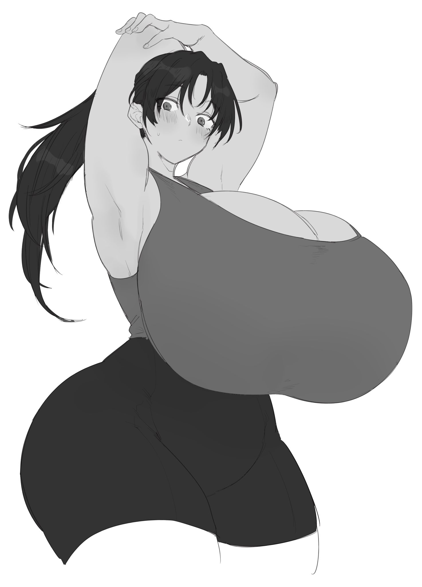 1girls, armpits, arms up, ass, big ass, big breasts, big butt, black hair, blush, blush lines, breasts, breasts bigger than head, cleavage, female, female focus, female only, huge breasts, large ass, large breasts, large butt, looking at viewer, nahcegalliv, original character, ponytail, shorts, solo, solo female, solo focus, tank top, thick ass, thick thighs, venus body, white background