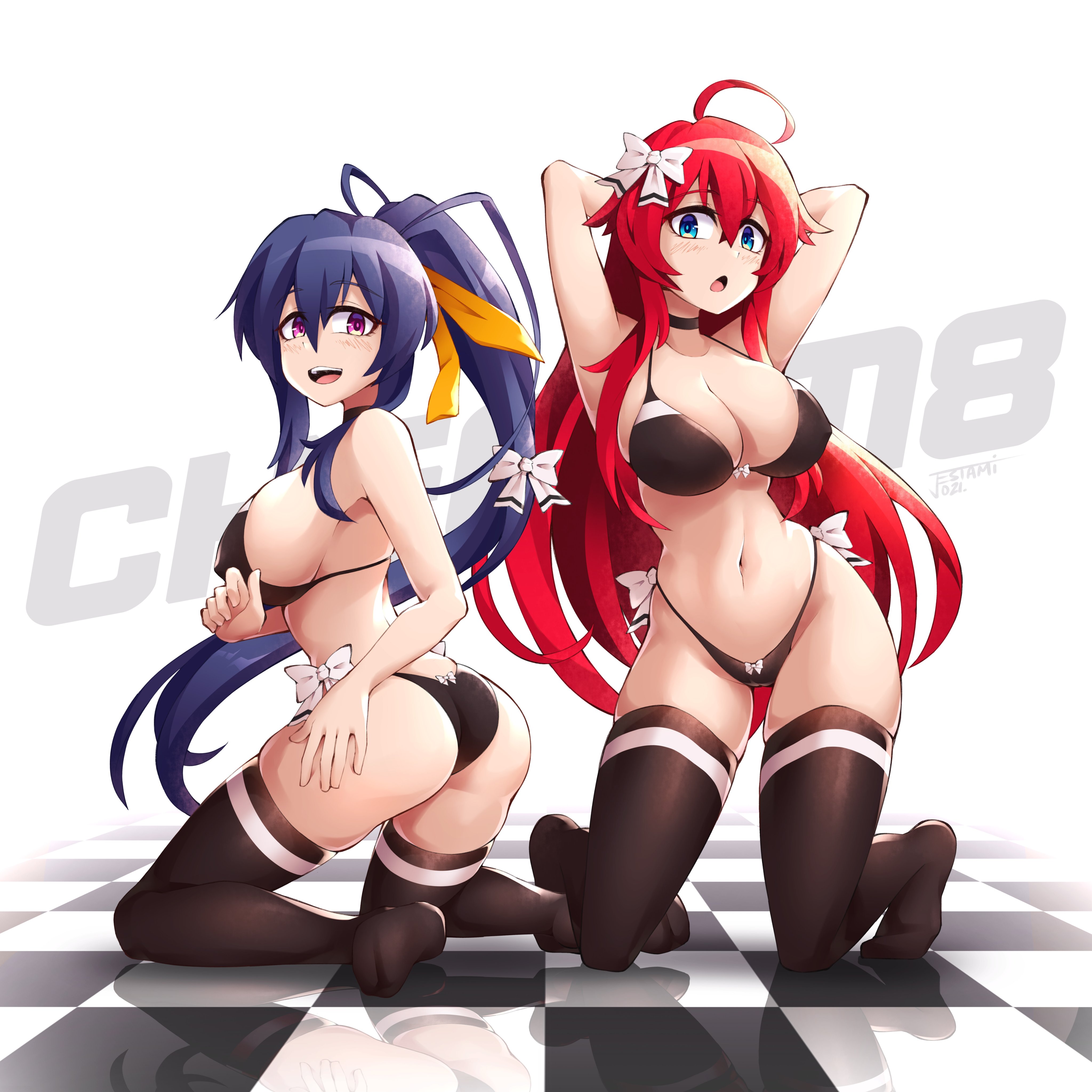 2d, 2girls, akeno himejima, armpits, ass, big breasts, blue eyes, blue hair, blush, bra, breasts, cleavage, female, female only, hands behind head, hi res, high school dxd, jestami, kneeling, long hair, looking at viewer, navel, panties, pink hair, ponytail, red hair, rias gremory, ribbon in hair, sideboob, socks, thighhighs, underwear