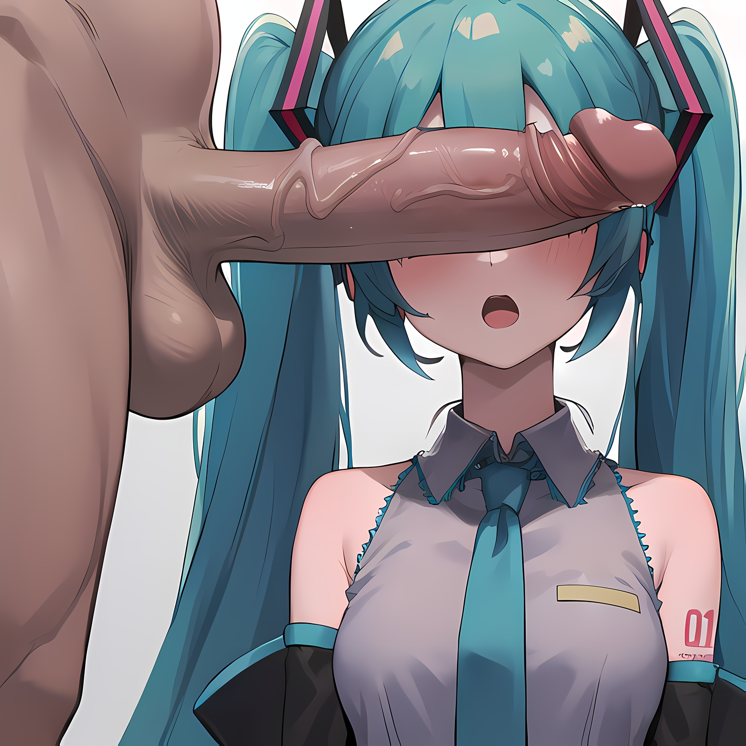 1boy, 1girl, 1girls, ai generated, aqua hair, bangs, bare shoulders, black sleeves, blush, breasts, clothed female nude male, collared shirt, dark skin, dark-skinned male, detached sleeves, erection, female, grey background, grey shirt, hair ornament, hatsune miku, headphones, hetero, large penis, long hair, male, necktie, nude, open mouth, penis, penis on face, penis over eyes, raychenn, shirt, simple background, sleeveless, sleeveless shirt, solo focus, stable diffusion, straight, tattoo, testicles, twintails, uncensored, upper body, veins, veiny penis, vocaloid, white background