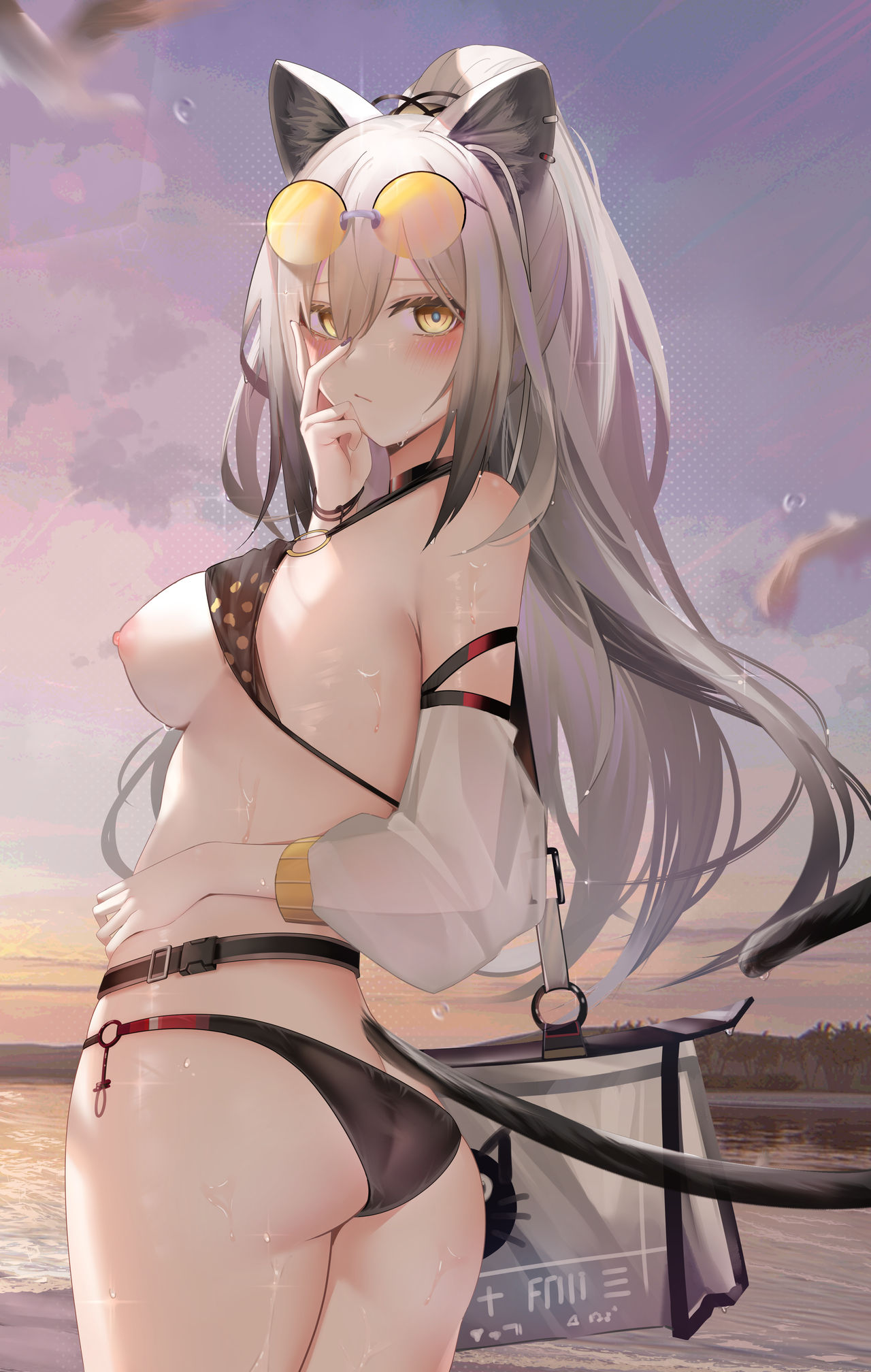 1girls, 2023, animal ears, arknights, ass, beach, big breasts, bikini, blush, breasts, breasts out, cat ears, cat girl, cat tail, catgirl, female, golden eyes, grey hair, hi res, kemonomimi, light skin, light-skinned female, long hair, looking at viewer, looking back, nipples, nude, outside, ru zhai, schwarz (arknights), solo, swimsuit