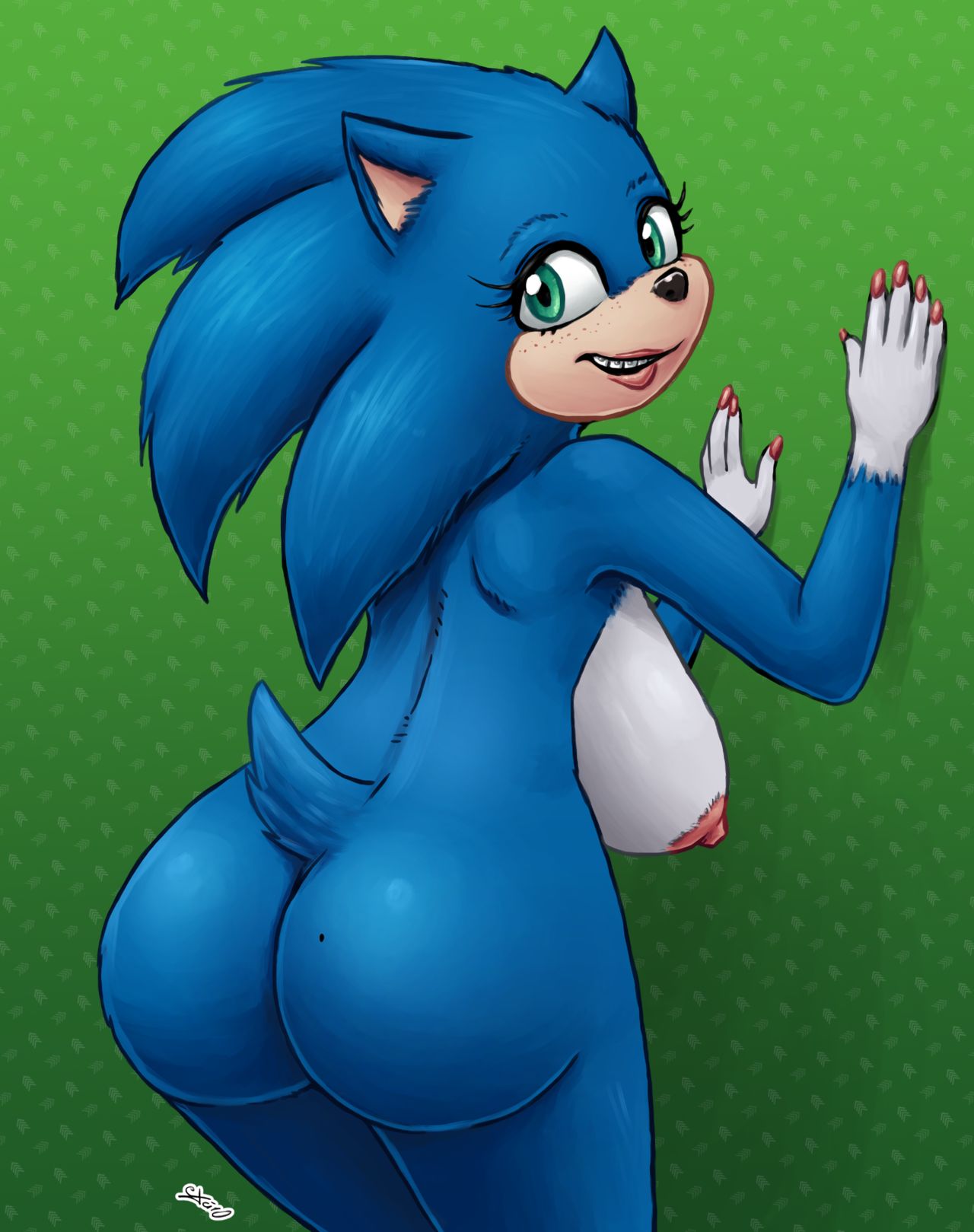 1girls 2020 anthro anthro_only areola artist_name ass big_breasts blue_body blue_fur braces breasts edit excito female female_only freckles fur furry furry_only genderswap_(mtf) green_background hedgehog hi_res huge_breasts lipstick looking_at_viewer looking_back looking_back_at_viewer massive_breasts mole nipples open_mouth painted_nails paramount_pictures pink_areola pink_nipples plain_background plantigrade puffy_nipples rule_63 sega sideboob simple_background solo solo_female solo_focus sonic_(series) sonic_the_hedgehog sonic_the_hedgehog_(film) sonic_the_hedgehog_(series) sonique_the_hedgehog tail teal_eyes text third-party_edit ugly_sonic video_games watermark white_underbelly