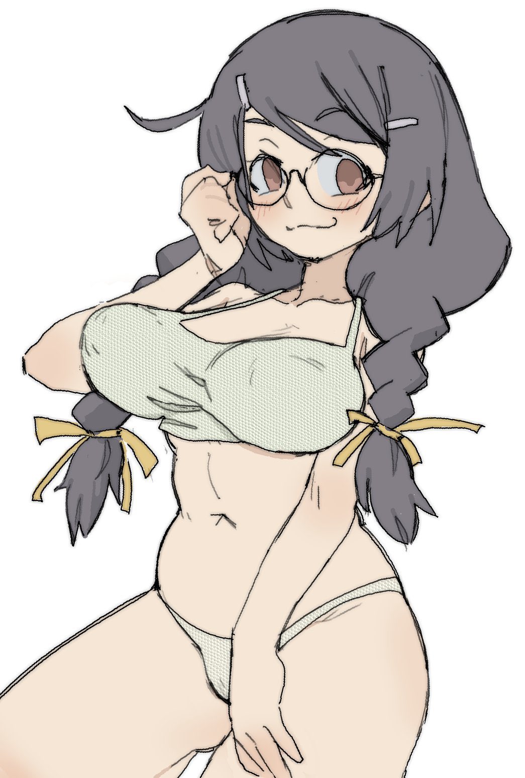 :3 bakemonogatari big_breasts bra dark_hair glasses hanekawa_tsubasa huge_breasts large_breasts light_skin monogatari_(series) non-nude panties pantsu_ripper stomach thick tummy white_bra white_panties