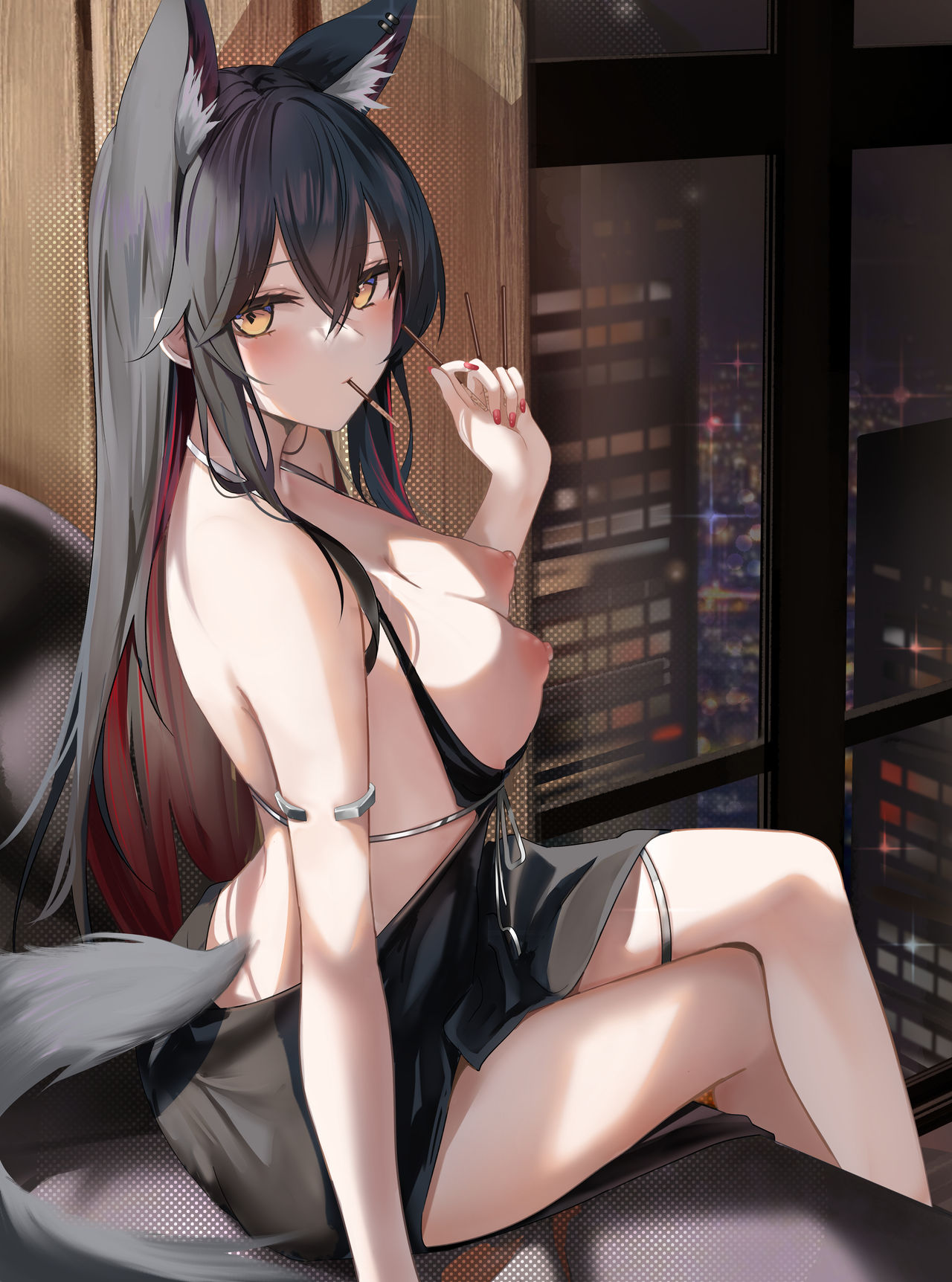 1girls, 2023, animal ear fluff, animal ears, arknights, black hair, blush, breasts, breasts out, earrings, female, golden eyes, hi res, kemonomimi, legs crossed, light skin, light-skinned female, looking at viewer, multi ear, nipples, pocky, ru zhai, sitting, solo, tail, texas (arknights), wolf ears, wolf girl, wolf tail