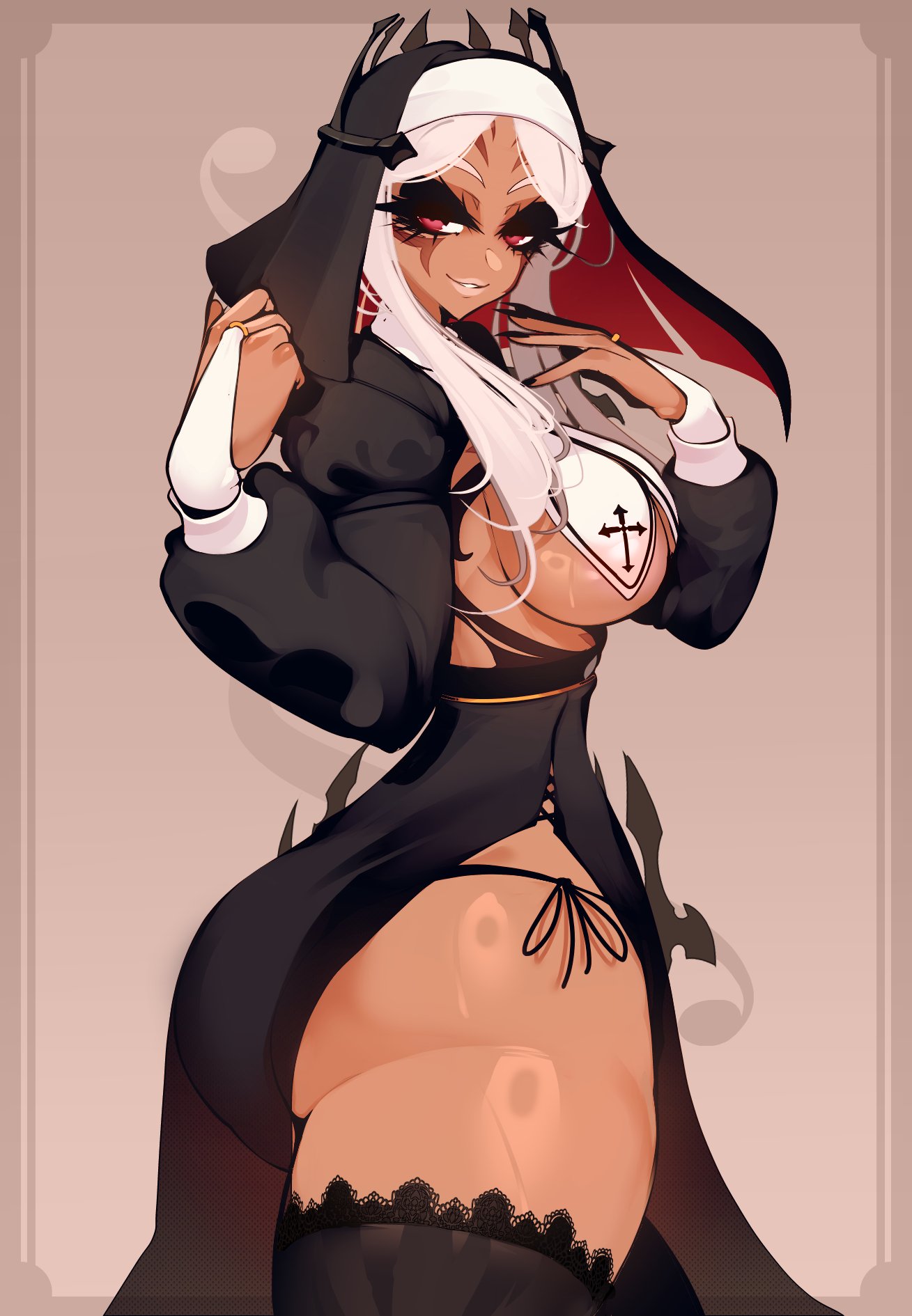 1girls, ass, aversa (fire emblem), bare thighs, black panties, breasts, dark skin, dark-skinned female, eyeshadow, female, female only, fire emblem, fire emblem awakening, large ass, large breasts, nintendo, nun, nun hat, nun outfit, panties, pose, red eyes, revealing clothes, sachiko, sachiko lashes, side-tie bikini, solo, thick thighs, thighhighs, thighs, underwear, visible underwear, wide hips