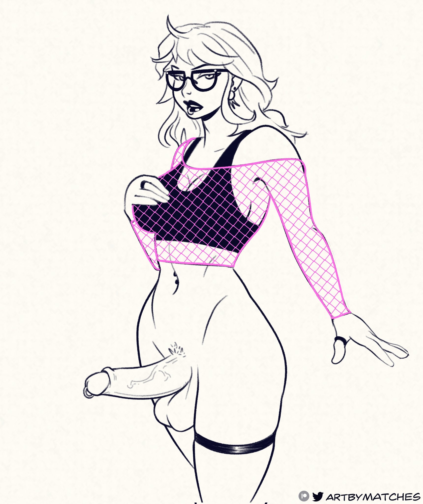 1futa, 2023, artbymatches, balls, big breasts, big penis, bottomless, breasts, clothed, clothing, erection, futa only, futanari, glasses, human, intersex, partially clothed, penis, piercing, solo, standing, veiny penis
