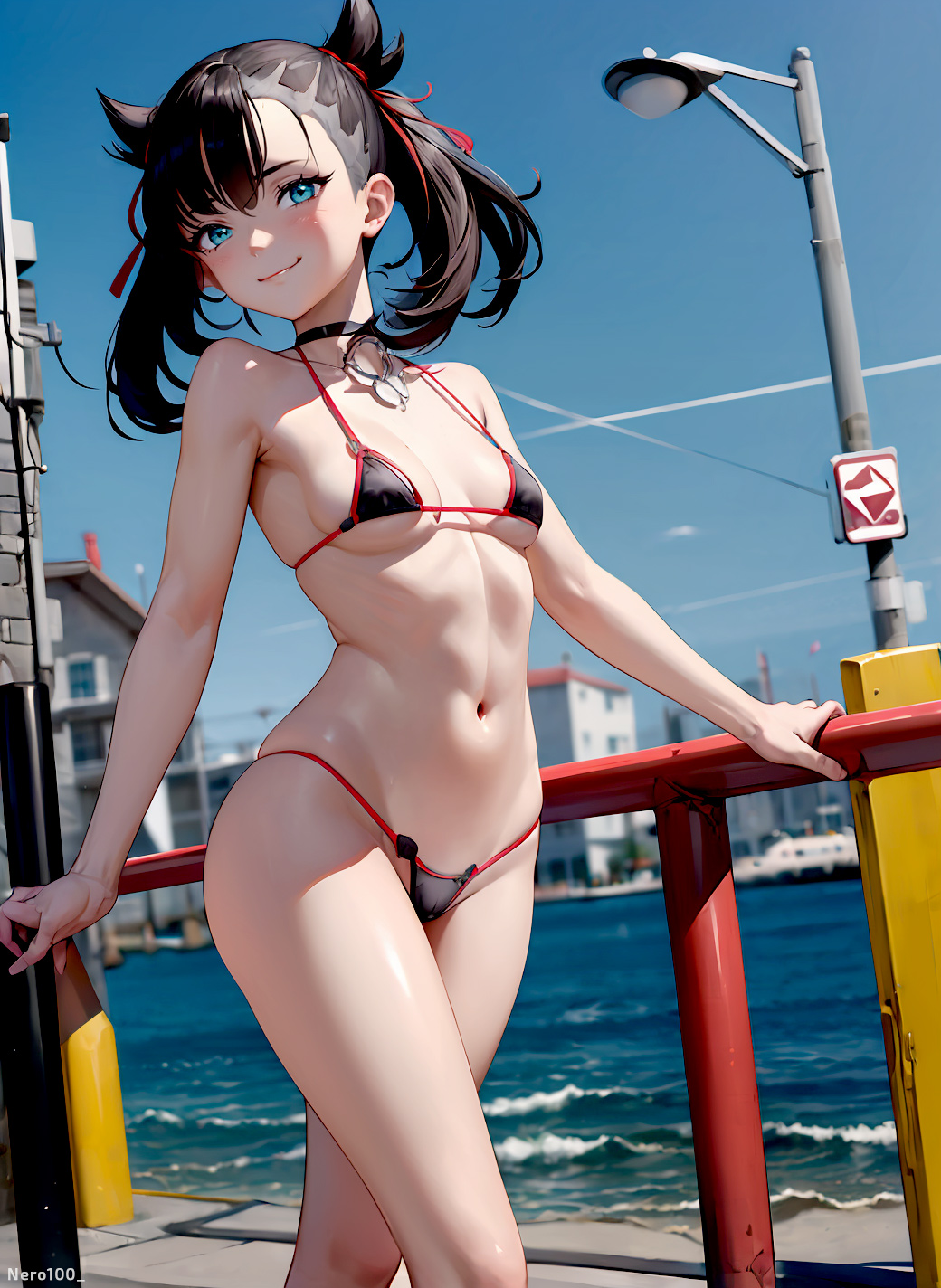 1girls, adorable, ai generated, armpits, arms up, athletic, athletic female, bangs, bare shoulders, belly, bikini, bikini bottom, bikini top, black bikini, black hair, blue eyes, blush, braided bun, breasts, bun, choker, city, collar, cowboy shot, curvy, curvy figure, cute, dark hair, day, detailed, double bun, eyelashes, female, female only, fit, fit female, goth, green eyes, hair ornament, hair ribbon, high quality, human, human only, light skin, light-skinned female, lipstick, looking at viewer, marnie (pokemon), mascara, micro bikini, navel, nintendo, outdoors, petite, petite body, pokemon, pokemon (game), pokemon ss, posing, seductive, seductive eyes, seductive look, short hair, shy, sidelocks, small breasts, smile, solo, stable diffusion, standing, stomach, street, string bikini, string panties, tagme, thighs, thin, thin arms, thin female, thin waist, tights, twintails, walking, water, young