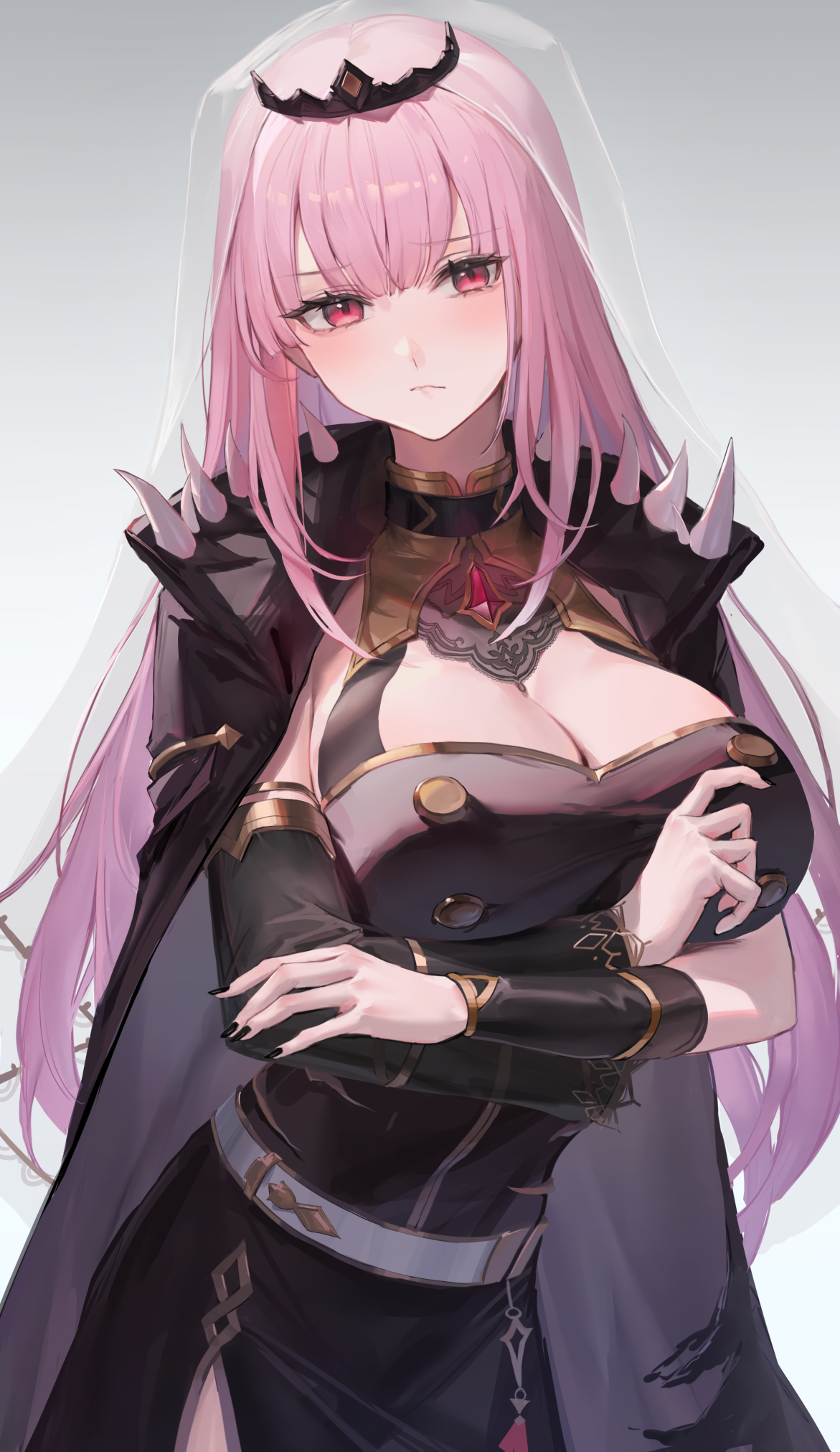 1girls, belt, big breasts, blush, breasts, cleavage, cleavage cutout, clothed, confused, crossed arms, female, fully clothed, hololive, hololive english, hololive myth, jacket, long hair, looking at viewer, mori calliope, pink eyes, pink hair, red eyes, sideboob, solo, spikes, tagme, veil, virtual youtuber, voluptuous, vtuber, wait ar (artist), wide hips