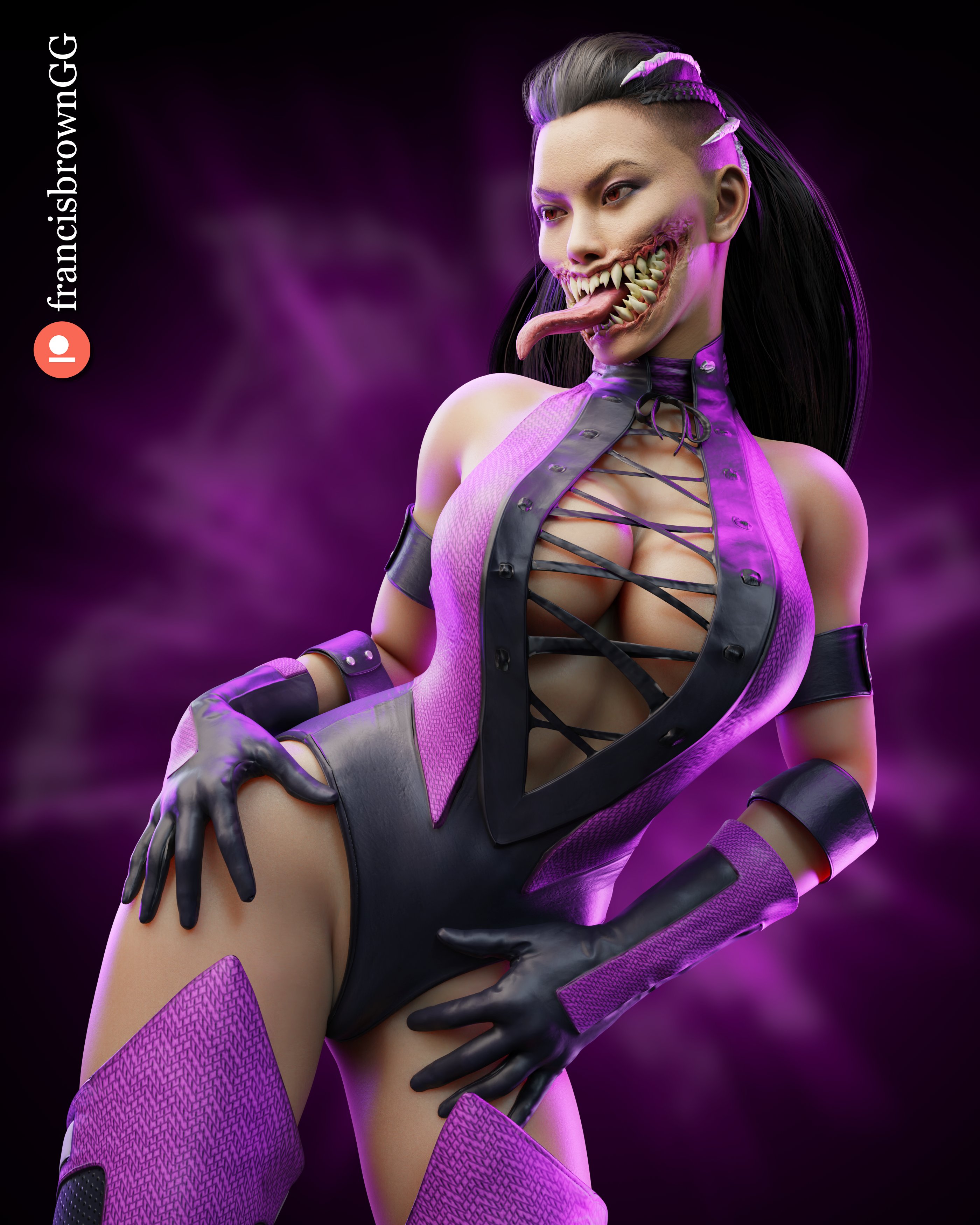 1girls, 3d, alternate version available, big breasts, breasts, female, female only, francis brown, hands on thighs, long tongue, mileena, mortal kombat, mortal kombat 1 (2023), sharp teeth, solo, tagme, tongue, tongue out