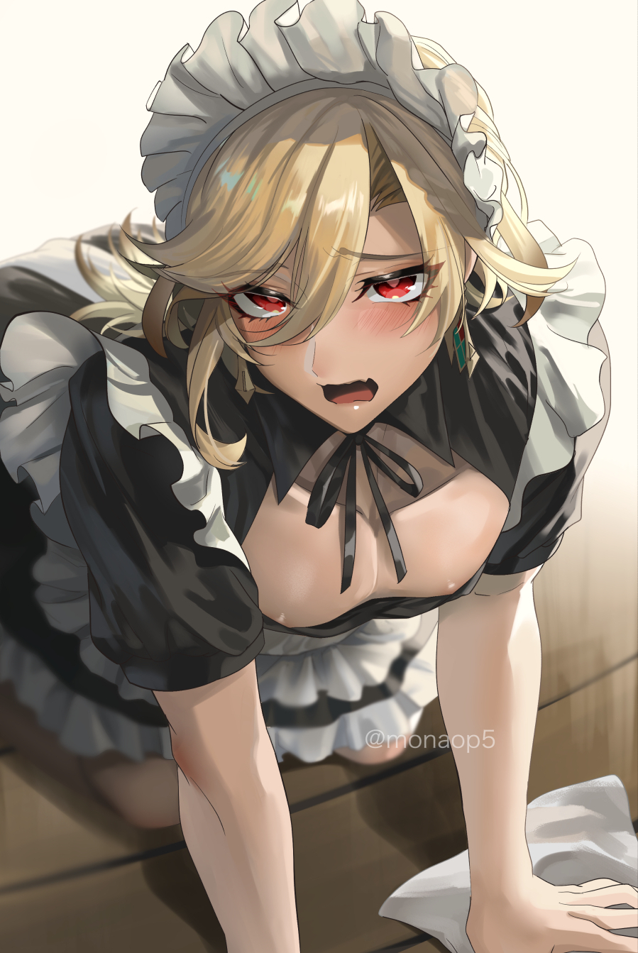 blonde_hair blush cleaning clothed embarrassed eyelashes femboy flustered fully_clothed gay genshin_impact kaveh_(genshin_impact) maid maid_apron maid_headdress maid_outfit maid_uniform male male_only monaop5 nipple_slip no_sex no_visible_genitalia paris01 red_eyes sole_male twink yaoi