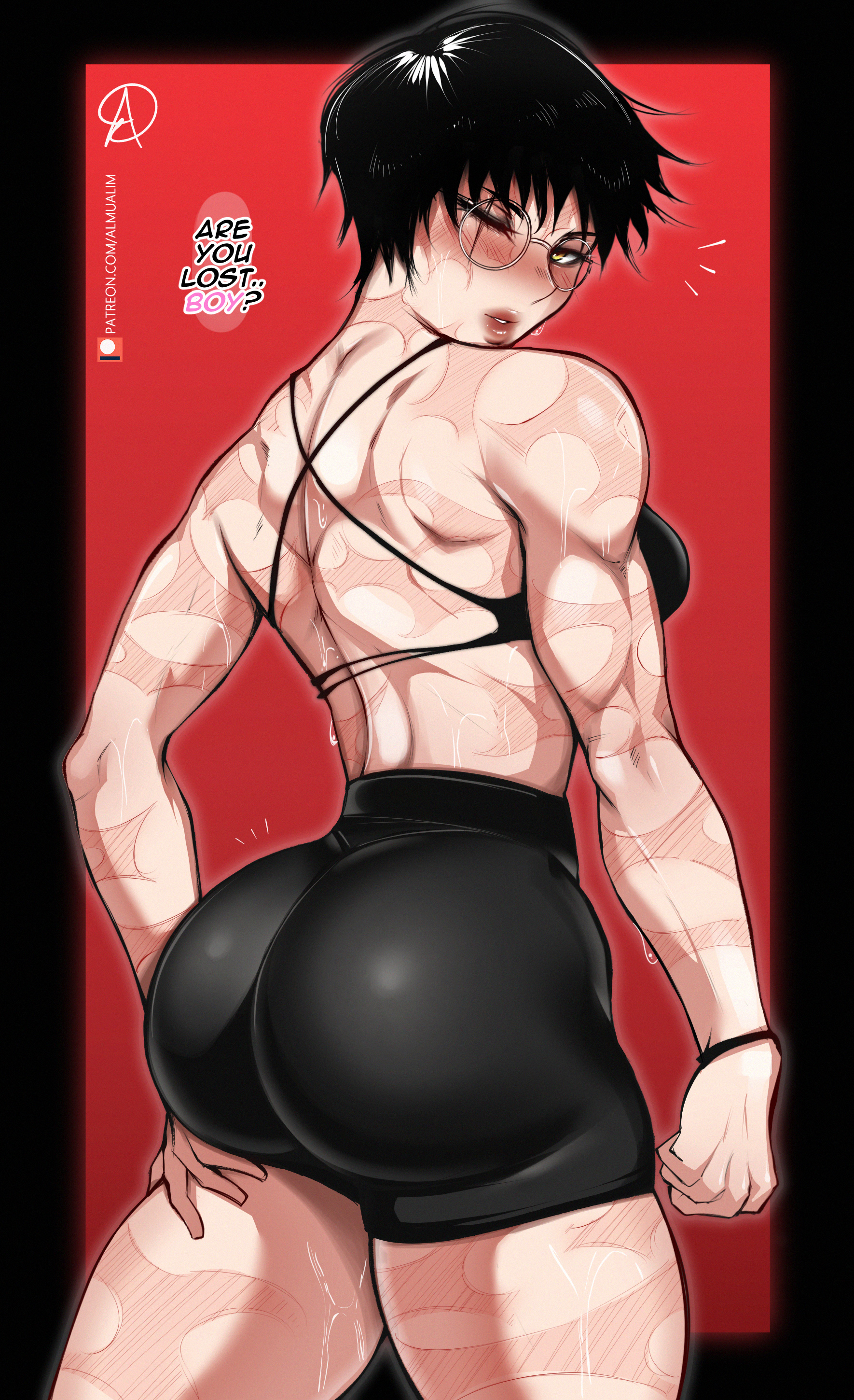 1girls, almualim, ass, black hair, booty shorts, breasts, bubble ass, bubble butt, female, female only, glasses, huge ass, jujutsu kaisen, large breasts, scar, short hair, short shorts, shorts, solo, solo female, solo focus, sports bra, sportswear, sweat, sweaty body, very short hair, zenin maki