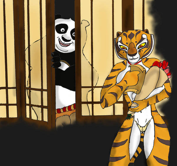 door_open excited flowers furry kung_fu_panda master_tigress mostly_nude_female necklace note orange_pupils panda pink_flowers po red_flowers roses smile smiling smiling_at_another stripes tiger topless_female topless_male yellow_eyes