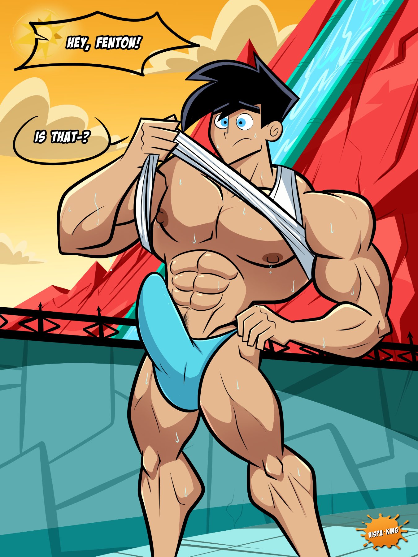 1boy, abs, bara, big muscles, big nipples, big pecs, black hair, bulge, danny fenton, danny phantom, erection, erection under clothes, gay, hair, human, light skin, light-skinned male, male, male only, mostly nude, muscles, muscular, muscular human, muscular male, navel, nipples, pecs, pubes, signature, solo, speedo, speedo only, sweat, vispaking, water, yaoi