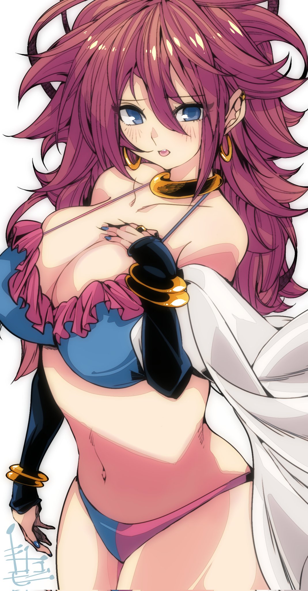 1girls, 2023, android, android 21, android 21 (good), android 21 (human), arc system works, artist signature, bandai namco, bare legs, bare shoulders, bare thighs, belly, belly button, big breasts, bikini, bikini top, blue eyes, blue nail polish, blue nails, bracelet, breasts, brown hair, clothed, dragon ball, dragon ball fighterz, ear piercing, earrings, elbow gloves, fanart, female, flustered, gold jewelry, hands on breasts, labcoat, large breasts, light skin, light-skinned female, long hair, looking at viewer, messy hair, multicolored bikini, omochi db, ring, ring piercing, spiky hair, voluptuous, voluptuous female, vomi (dragon ball)