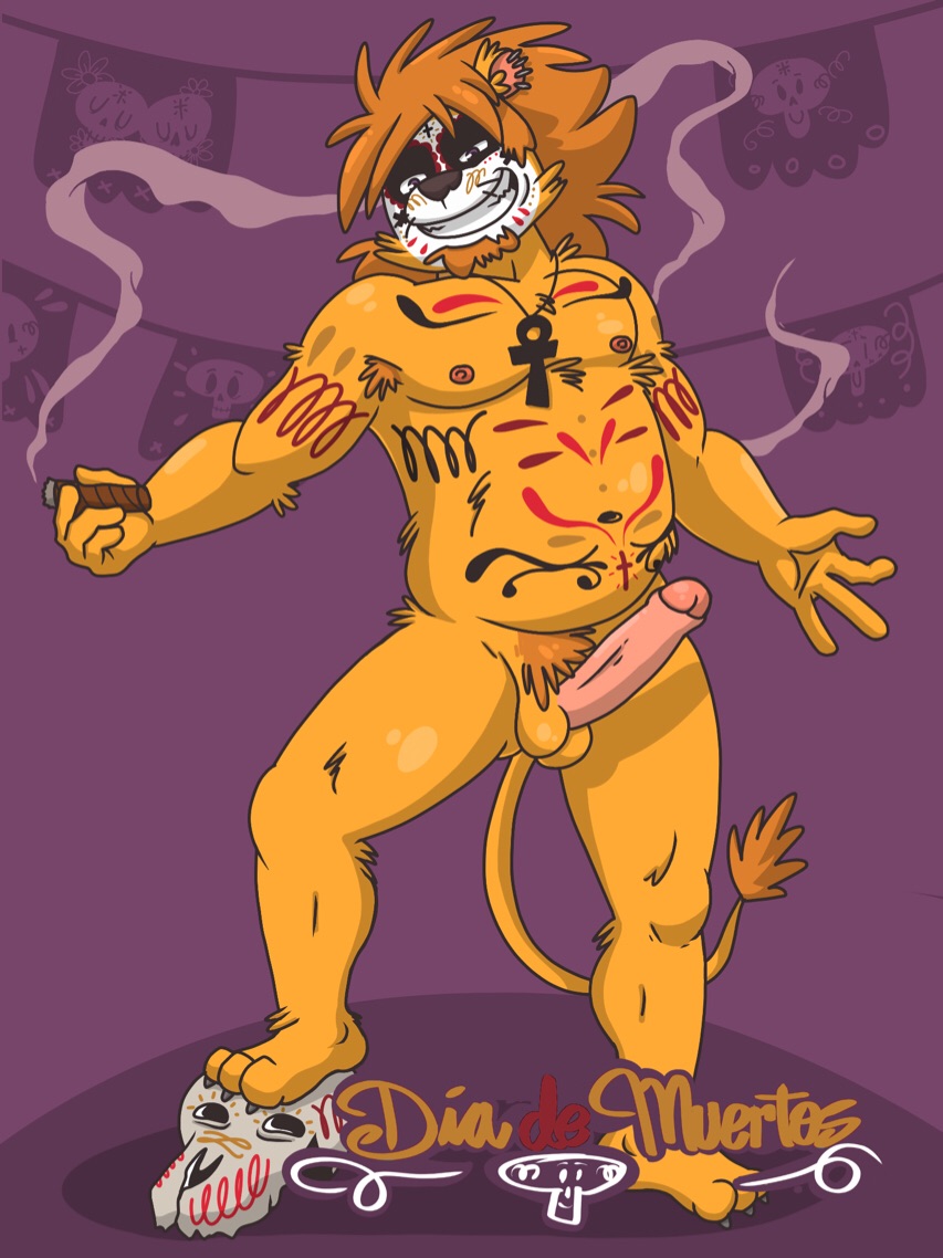 anthro balls beard black_nose bodypaint bone border brown_hair brown_text cigar cigar_smoke day_of_the_dead detailed_background dia_de_los_muertos erection facial_hair felid fur genitals hair holding_cigar holding_object humanoid_genitalia humanoid_penis jewelry lion male mammal maroon_text muscular muscular_male navel necklace nipples nude open_mouth pantherine penis pink_penis purple_background purple_border purple_eyes red_text rthur simple_background skull smile solo spanish_text standing_on_object teeth_showing text whiskers yellow_body yellow_fur