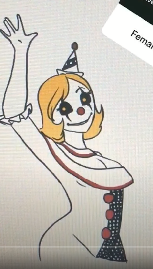 artist_request big_hips black_sclera blonde_hair cleavage cleavage_cutout clothing clown clown_girl clown_makeup clown_nose hat instagram large_hips pointy_hat puffball screenshot smile spirit_halloween waving waving_wally waving_wally_(spirit_halloween) yellow_eyes