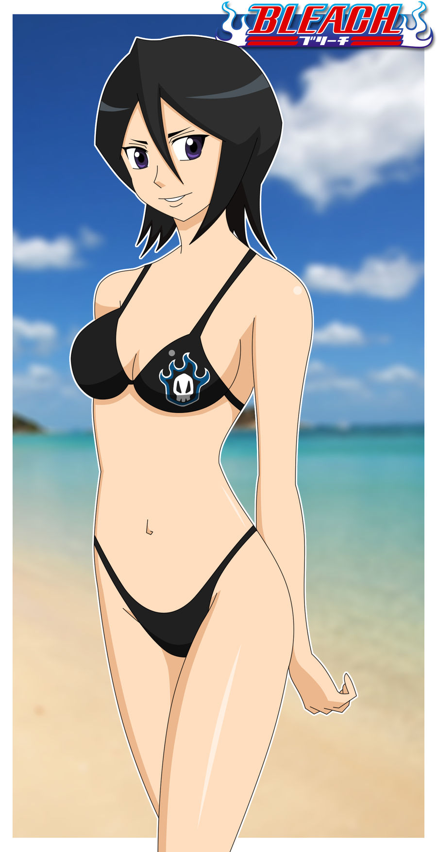 1girls 2011 beach bikini black_bikini black_hair bleach breasts female_only kuchiki_rukia light-skinned_female light_skin looking_at_viewer pervyangel purple_eyes short_hair smile smiling smiling_at_viewer solo solo_female