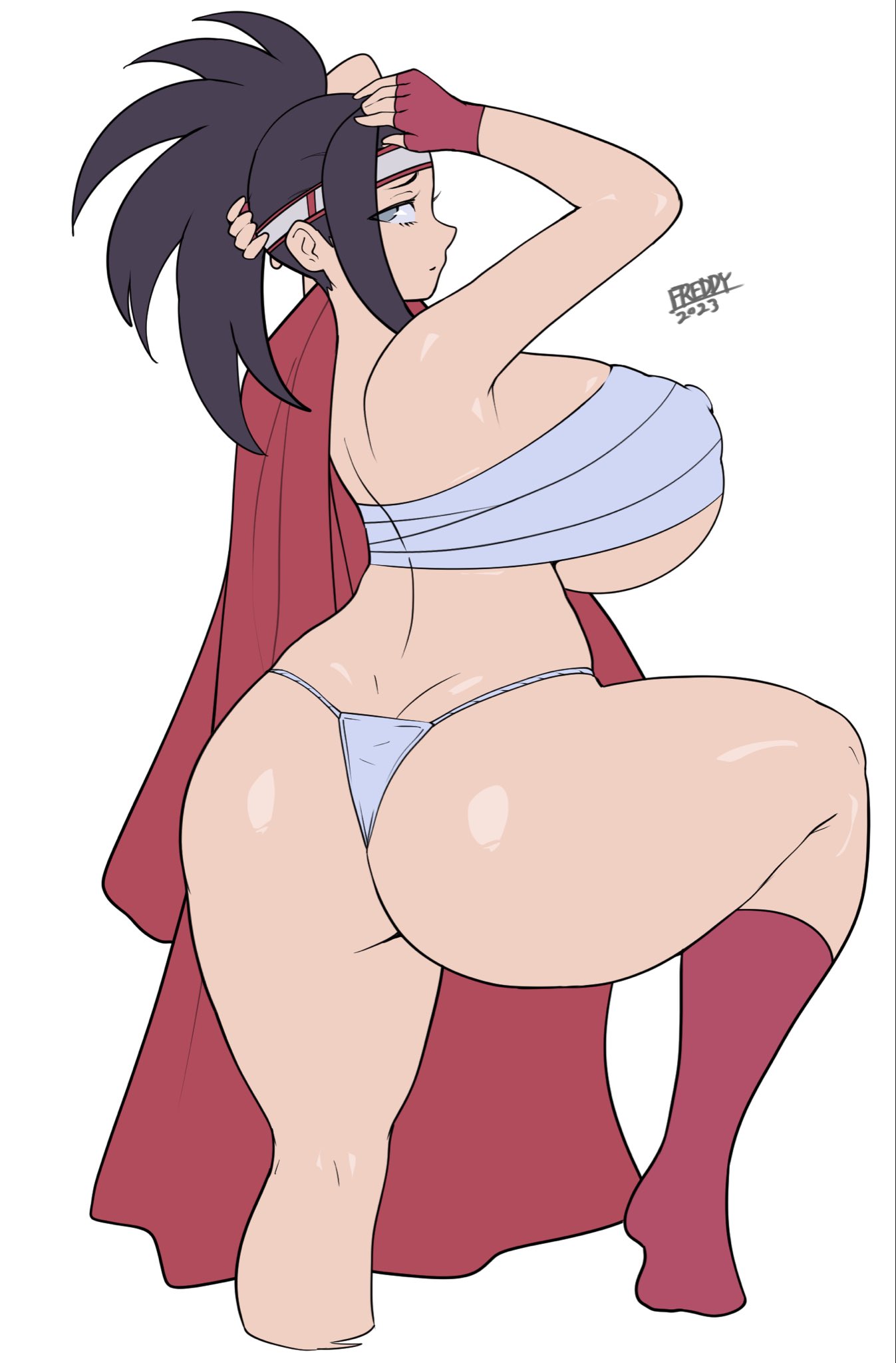 1girls, ass, black hair, breasts, curvaceous, curvy, female, female only, freddyhalloween, fundoshi, large breasts, looking at viewer, momo yaoyorozu, my hero academia, solo, thighs, white background