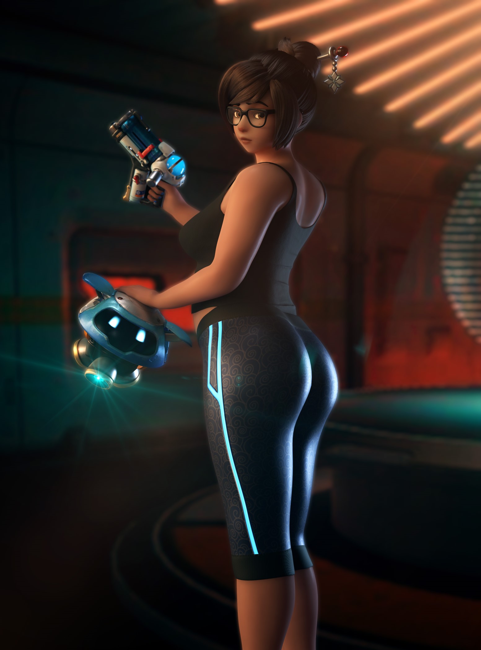 ass, eyewear, female, glasses, leggings, looking back, mei (overwatch), overwatch, overwatch 2, vgerotica