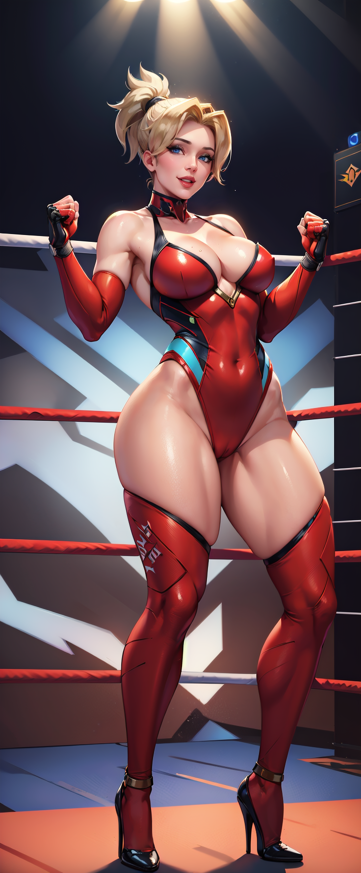 ai_generated ai_hands aigeneratedp belly big_ass big_breasts big_butt bikini blizzard_entertainment blonde_hair blue_eyes fight fighter fighting fighting_gloves fighting_pose fighting_ring fighting_stance heels high_heels mercy musclegut one-piece_swimsuit overwatch overwatch_2 sleeve_gloves stance swiss tagme thick thick_ass thick_hips thick_legs thick_thighs thighhighs white_skin white_skinned_female