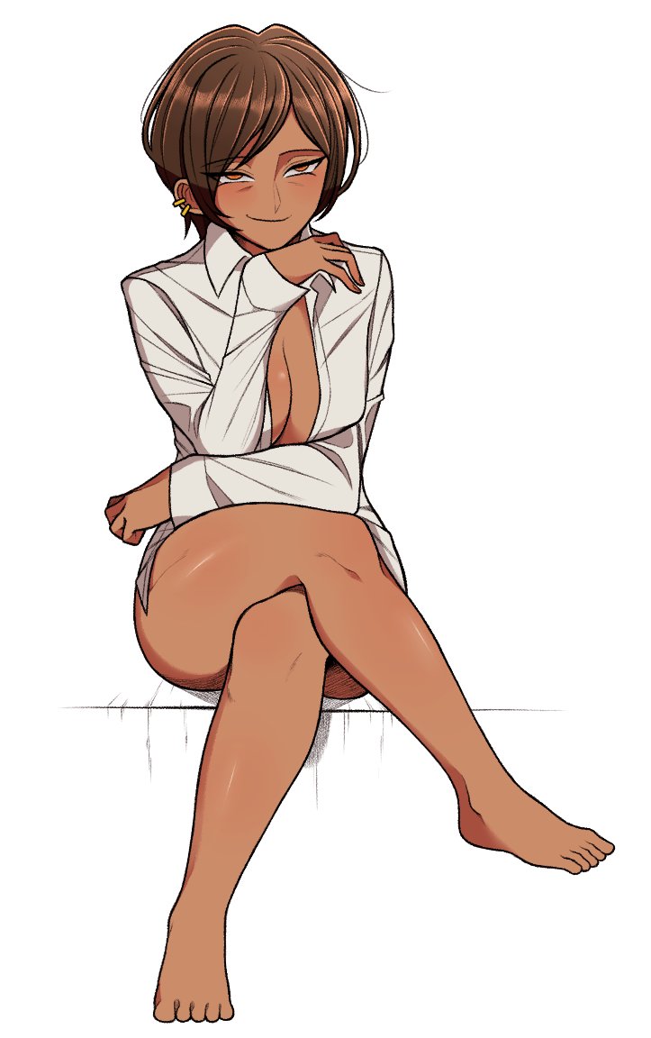 bottomless, brown hair, crossed legs, ear piercing, female, female focus, female only, limbus company, open shirt, orange eyes, outis (limbus company), project moon, simple background, sitting, smug, smug expression, white background, white shirt