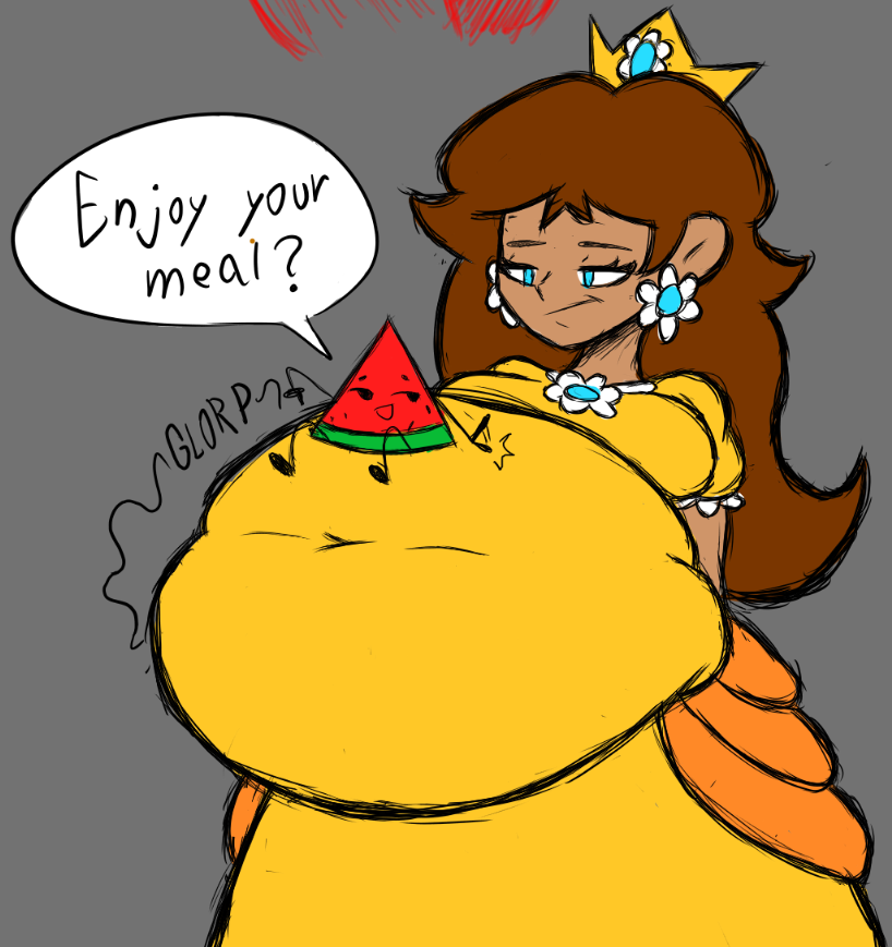 1girls belly big_belly blue_eyes breasts brown_hair cheeze_squak clothed clothing dark-skinned_female dark_skin digestion digestion_noises dress earrings english_text female food grey_background implied_vore living_food mario_(series) nintendo oral_vore princess princess_daisy simple_background speech_bubble text vore watermelon