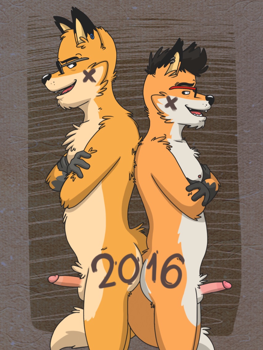 2016 anthro arty_(rthur) black_body black_fur black_hair black_nose brown_background canid canine chikle_fox circumcised crossed_arms detailed_background ear_piercing erection eyewear fox fur genitals glasses hair humanoid_genitalia humanoid_penis male male/male mammal nipples nude open_mouth orange_body orange_fur penis piercing rthur simple_background tan_body tan_fur teeth_showing tongue_showing