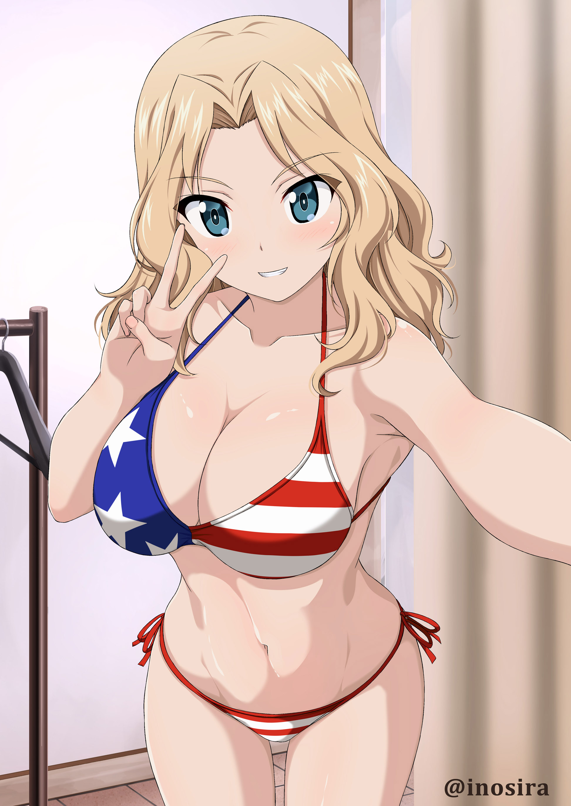 american flag bikini, bikini, blonde hair, blue eyes, blush, breasts, cleavage, female, girls und panzer, inoshira, kay (girls und panzer), large breasts, light skin, light-skinned female, long hair, looking at viewer, navel, pale skin, pale-skinned female, selfie, smile, solo, swimsuit, v