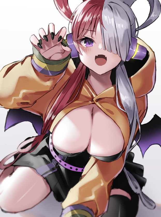 1girls, artist request, big breasts, breasts, cleavage, fangs, female, female only, hand up, highres, kneeling, long hair, looking at viewer, multicolored hair, nail polish, official alternate costume, one piece, one piece film red, purple eyes, red hair, red-haired female, solo, two-tone hair, uta (one piece), very long hair, white hair, white-haired female