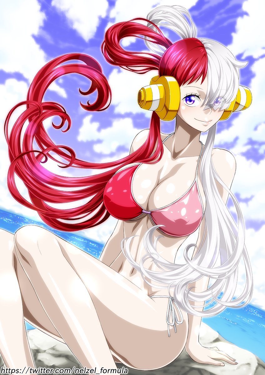 1girls, ass, big breasts, bikini, breasts, covered nipples, female, female only, highres, long hair, looking at viewer, multicolored hair, nel-zel formula, one piece, one piece film red, purple eyes, red hair, red-haired female, sitting, smile, swimsuit, two-tone hair, uta (one piece), white hair, white-haired female