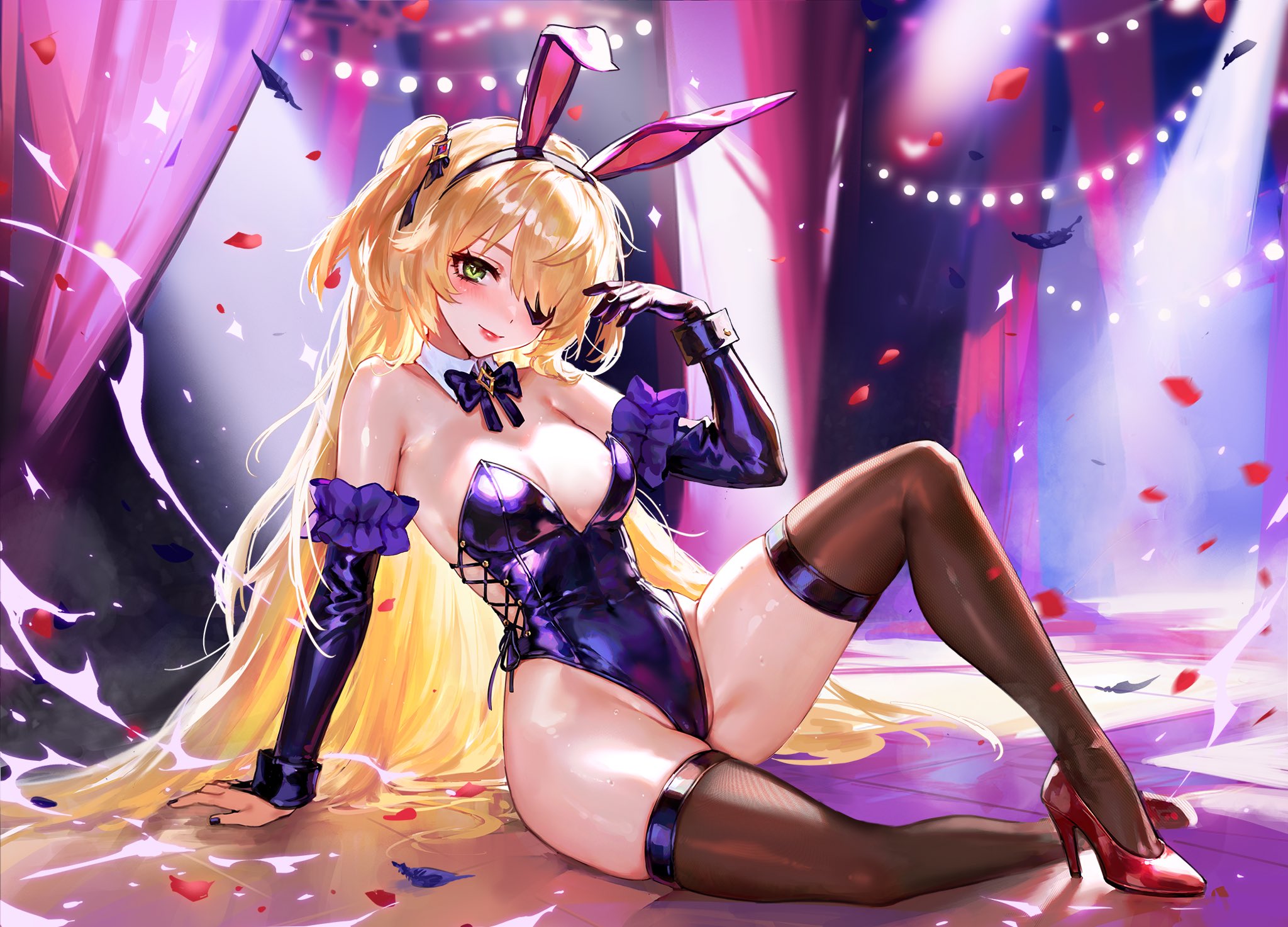 black nails, blonde hair, blush, bunny ears, bunny girl, bunnysuit, detached collar, detached sleeves, fake animal ears, female, fischl (genshin impact), foolish potato, genshin impact, gloves, green eyes, high heels, leotard, long hair, nail polish, painted nails, stockings, suit, thick thighs, thighhighs, two side up