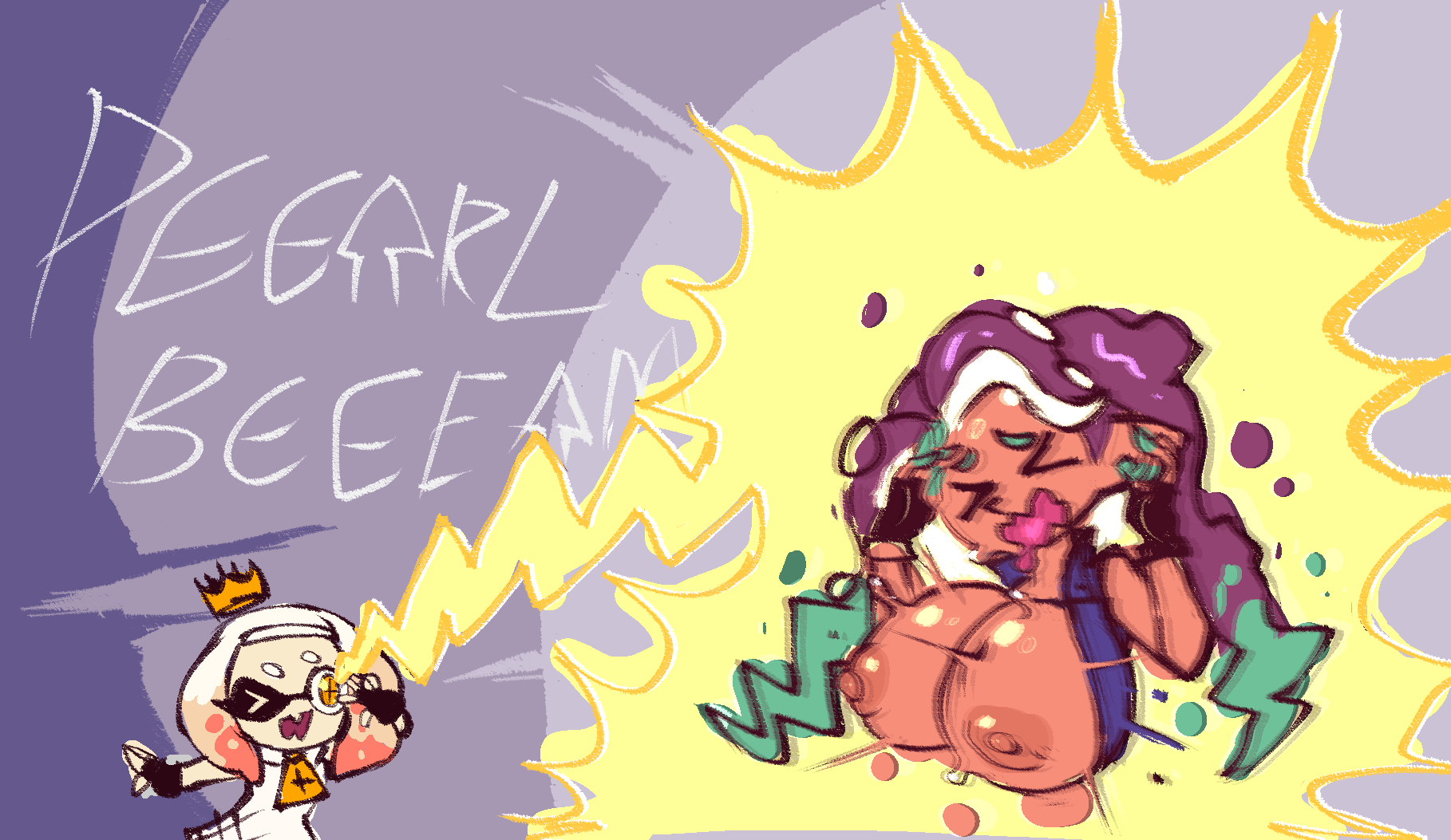 breast expansion, breast growth, breast growth (enlargement), breasts, breasts too big, dark skin, female, inconvenient breasts, large breasts, laser, marina (splatoon), pearl (splatoon), splatoon, tagme, topless female, wardrobe malfunction, wink, wolflance, 粛聖!! ロリ神レクイエム☆