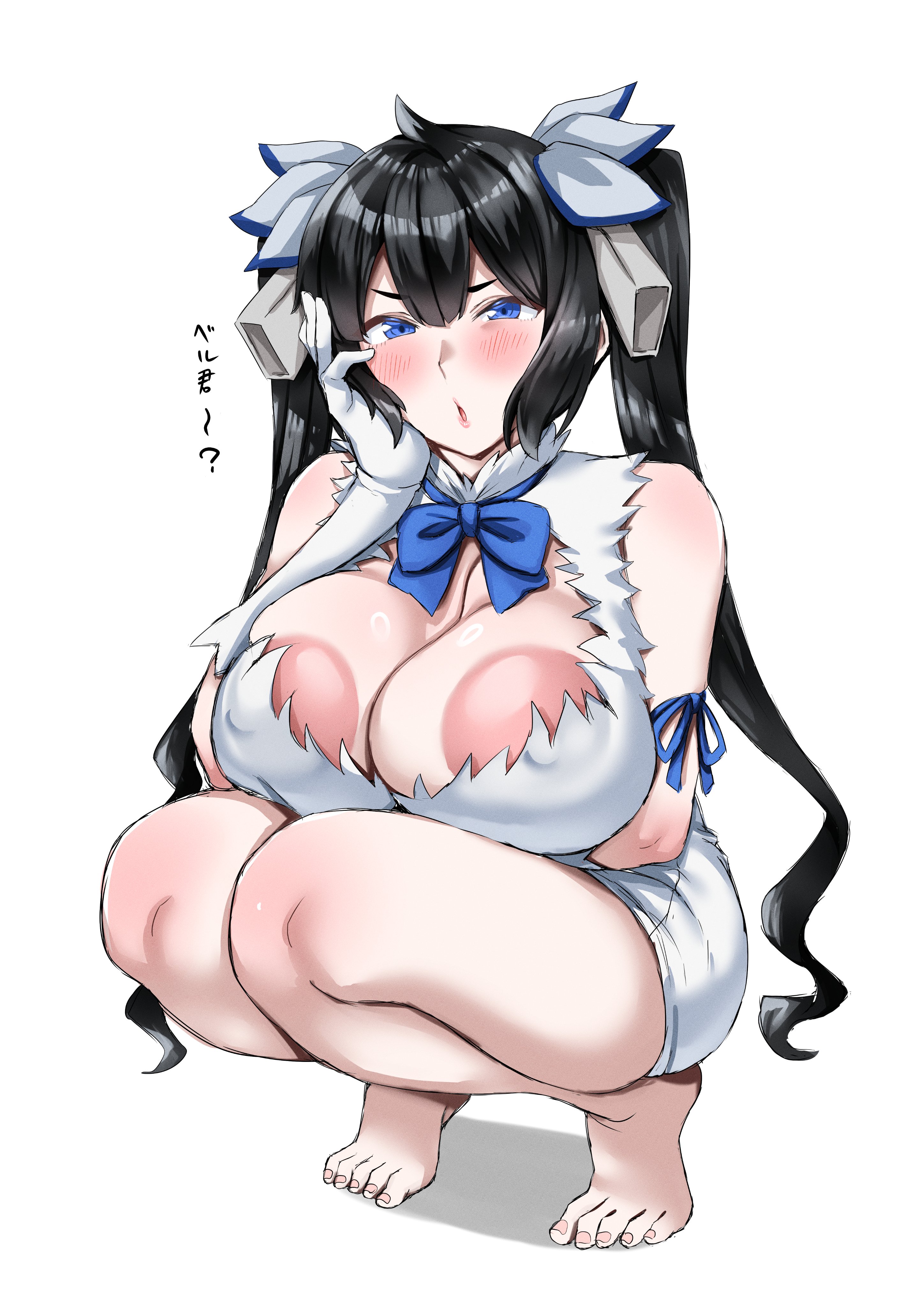 1girls, areola slip, barefoot, big areola, big breasts, black hair, blue eyes, blush, breasts, crouching, dungeon ni deai wo motomeru no wa machigatteiru darou ka, female, hestia (danmachi), huge breasts, large breasts, long hair, looking at viewer, nipple bulge, no bra, pipienpippi, solo, twintails