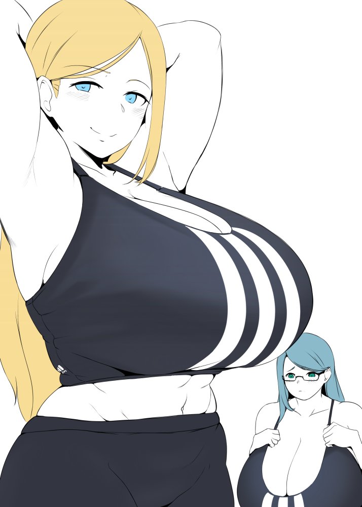 2girls, abs, armpits, arms up, athletic, athletic female, big breasts, blonde female, blonde hair, blue eyes, blush lines, breasts, cleavage cutout, daniella (setawar), duo, duo focus, enormous breasts, female, fit, fit female, freya (setawar), gigantic breasts, gym clothes, gym clothing, huge breasts, hyper breasts, large breasts, looking at viewer, massive breasts, medium support (meme), russian female, setawar (coco), tank top, white skin, white skinned female, white-skinned female