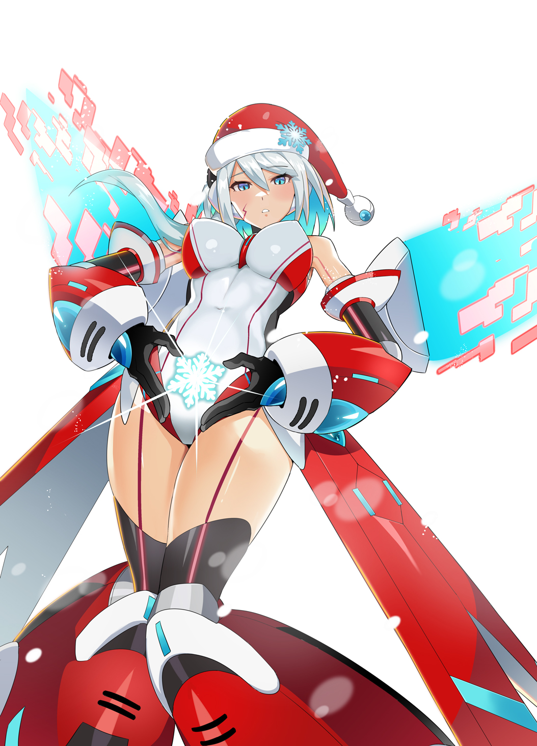 1girls big_breasts blue_eyes christmas_headwear christmas_ico_(x_dive) christmas_outfit female ico_(mega_man) low-angle_view mega_man mega_man_x_dive nipple_bulge popo_(popo0cat) pubic_tattoo robot_girl silver_hair solo swimsuit_ico_(x_dive)