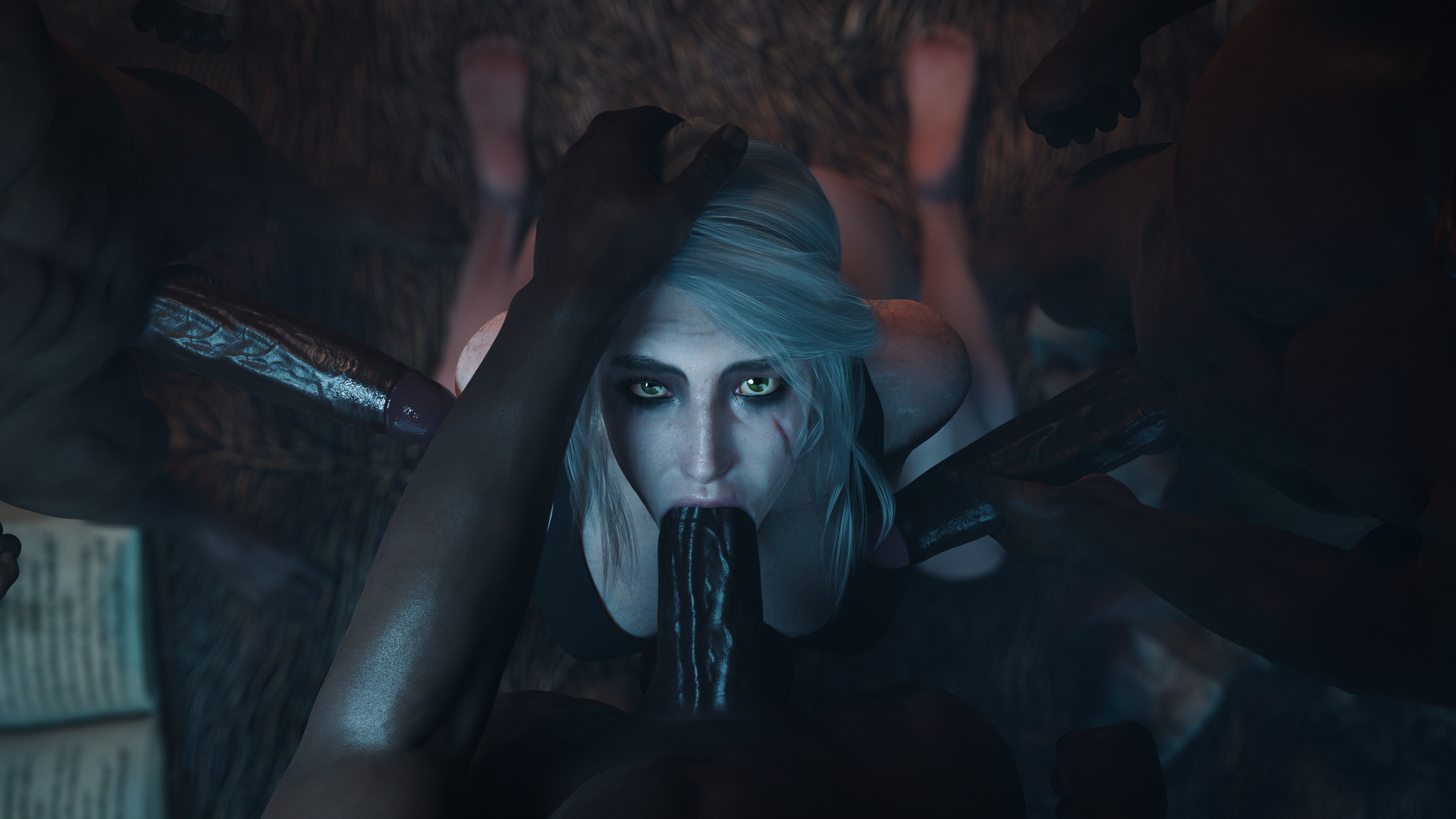 1girls, 3boys, 3d, abs, big cock, big hands, big penis, blacked, blacked clothing, blowbang, blowjob, bra, bra only, ciri, currysfm, dark skin, dark-skinned male, eye contact, eyelashes, fellatio, female, giving head, grabbing head, green eyes, head grab, interracial, kneeling, light skin, light-skinned female, looking back at viewer, male, male pov, multiple boys, multiple males, muscular, muscular male, oral, pale skin, pale-skinned female, penis, pov, royalty, scar on face, smaller female, sucking, sucking penis, surrounded by penises, the witcher (series), the witcher 3: wild hunt, thick penis, white hair