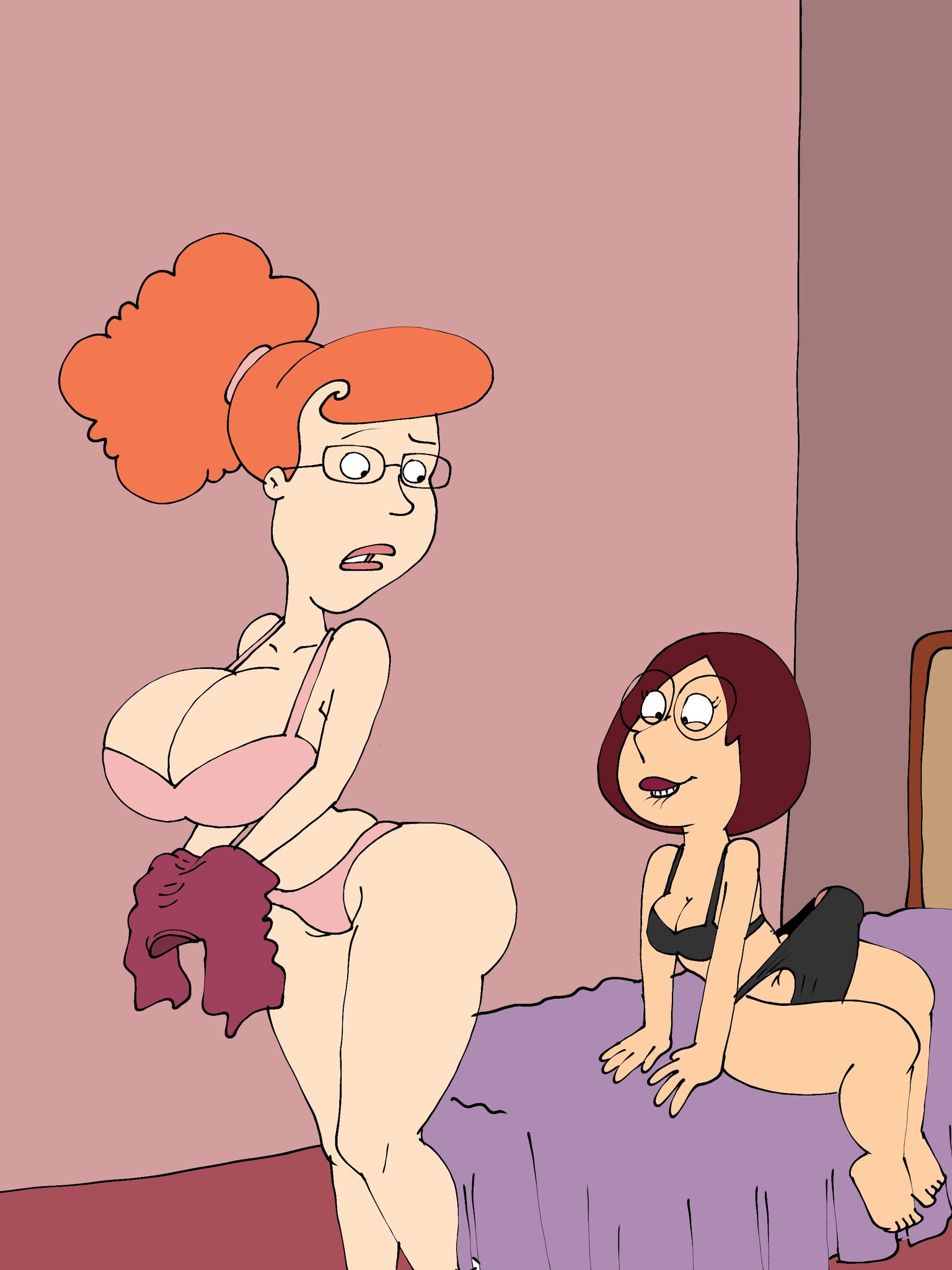 1futa, 1girls, ass, auburn hair, big ass, big breasts, big butt, bra, breasts, brown hair, bulge, curvaceous, curvy, curvy female, curvy figure, erect penis, erection, family guy, female, futa on female, futanari, intersex, light skin, light-skinned female, light-skinned futa, long hair, maxtlat, meg griffin, panties, patty (family guy), penis, short hair, tenting, underwear, undressing
