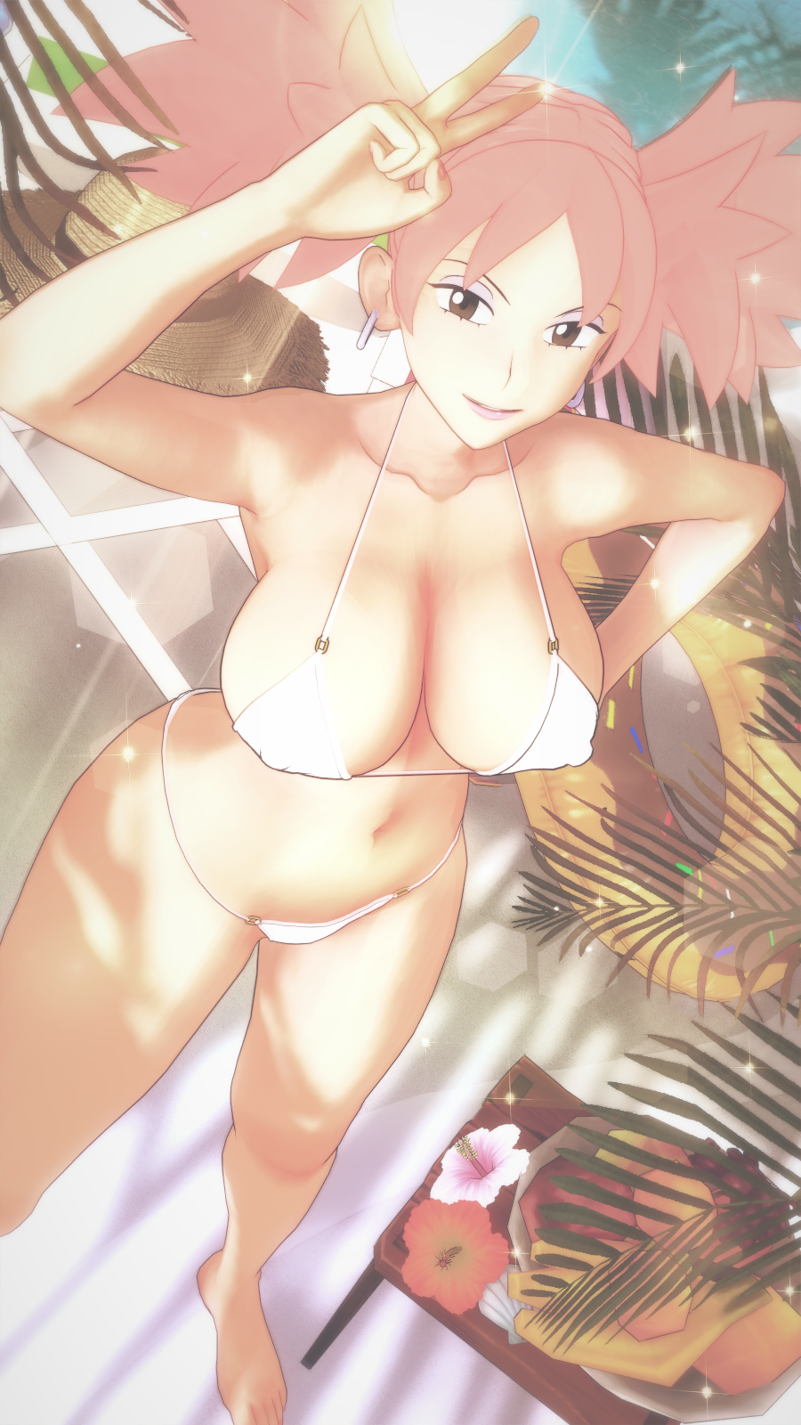 1girls 3d barefoot big_breasts bikini breasts brown_hair cleavage curvy day earrings female flower hand_on_own_hip iroaya_madoi jewelry kaoskatsu koikatsu large_breasts light-skinned_female long_hair looking_at_viewer looking_up mega_man mega_man_battle_network ms._madd navel nipples palm_tree pink_hair red_hair salute shiny_skin smile solo standing swimsuit tagme thong thong_bikini toes tree twintails v very_long_hair white_bikini wide_hips