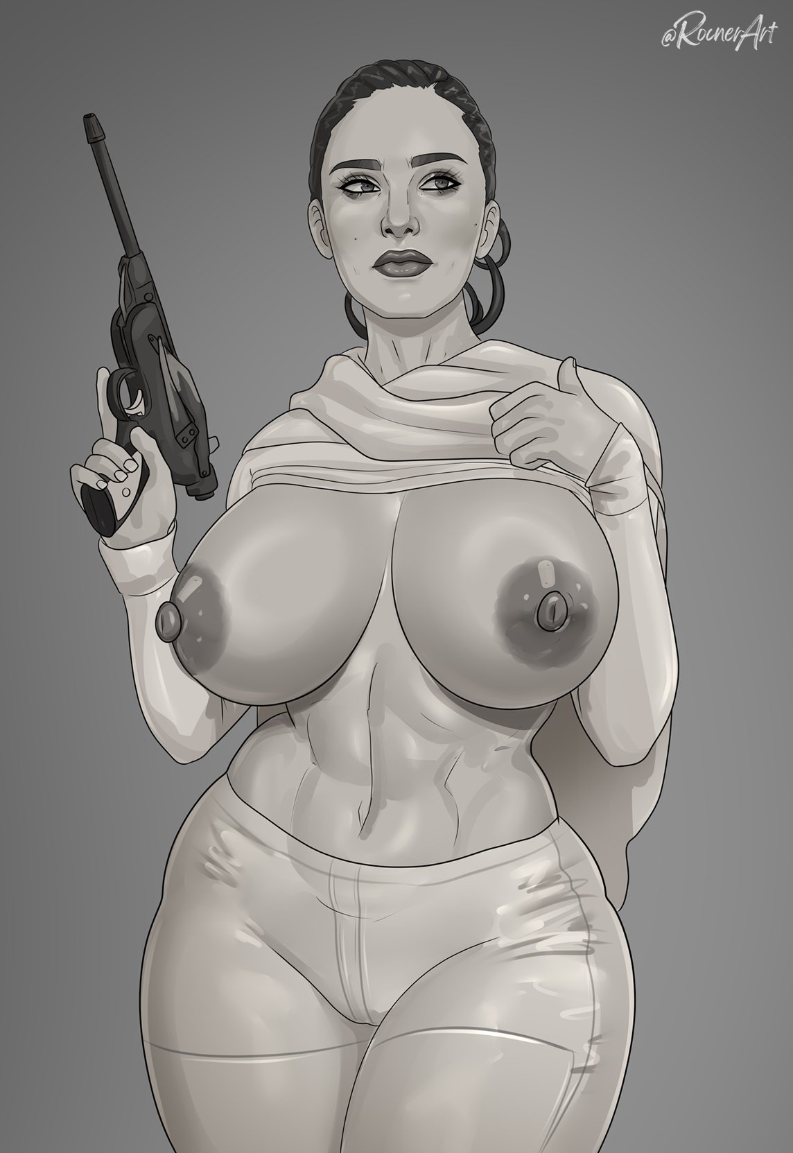 1girls, armor, beauty mark, beauty mark on face, big breasts, breasts, breasts out, brunette female, female, greyscale, hair tied back, holding gun, large breasts, looking to the side, natalie portman, padme amidala, pulling shirt up, rocner, solo, solo female, star wars, white clothing, white female, wide hips, wide thighs