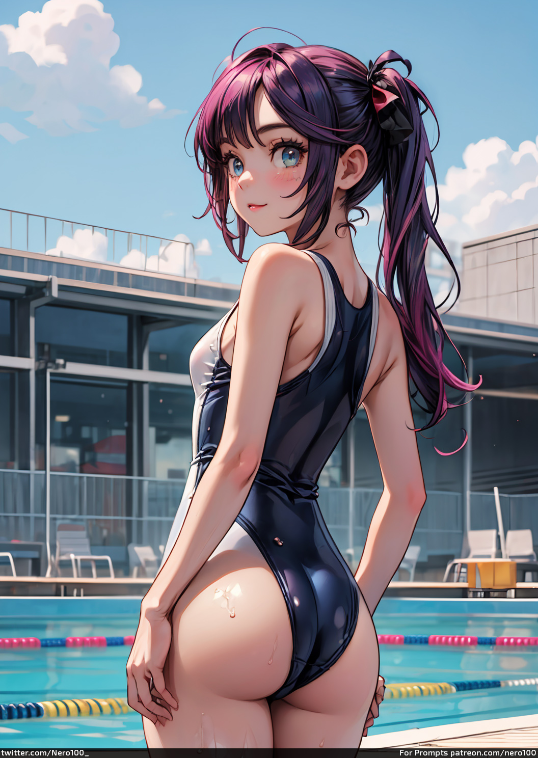 1girls, ai generated, ass, ass focus, athletic, bare shoulders, black hair, black swimsuit, blue eyes, blush, breasts, butt focus, cameltoe, closed mouth, cowboy shot, curvy figure, dark hair, day, detailed, eyelashes, female, female only, fit, fit female, flat chest, from behind, genshin impact, hair ornament, high quality, horny, light skin, light-skinned female, lipstick, long hair, looking at viewer, mascara, mona (genshin impact), one-piece swimsuit, outdoors, pale skin, pale-skinned female, partially clothed, petite, ponytail, posing, pussy, rear view, sidelocks, small breasts, smiling, solo, stable diffusion, standing, swimming pool, swimsuit, swimwear, tagme, thin waist, tights, water, young