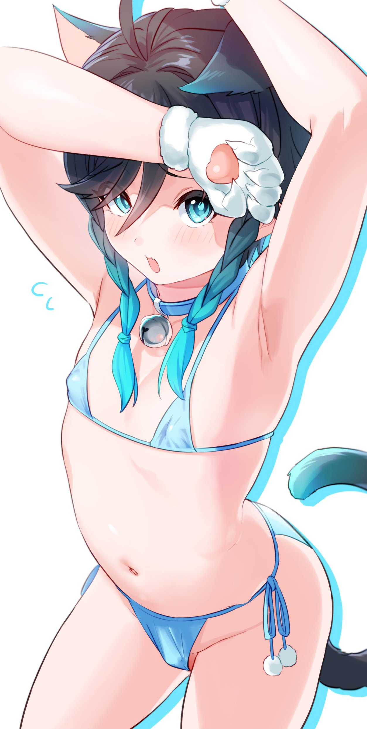 1boy, androgynous, armpits, bikini, blue eyes, blue hair, cat boy, cat ears, cat humanoid, cat tail, catboy, choker, erect nipples, femboy, genshin impact, male, male only, micro bikini, nipples, paws, teasing, trap, venti (genshin impact)