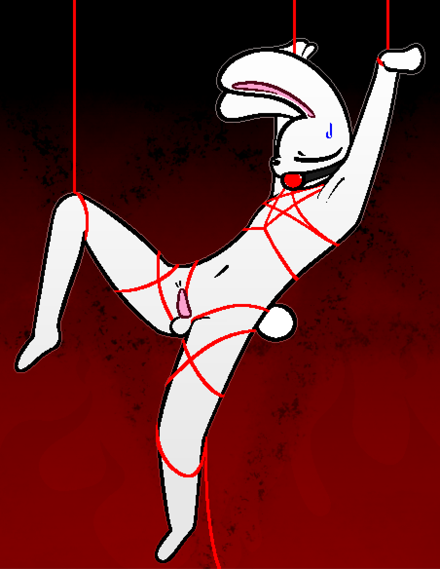 anthro ball_gag balls bodily_fluids bondage bondage bound digital_media_(artwork) erection fur gag genitals harness kama_(wendigoop) lagomorph leporid male mammal nude penis pentagram pentagram_harness rabbit restraints rope rope_bondage rope_harness simple_background solo submissive suspension tail teeth wendigoop white_body white_fur